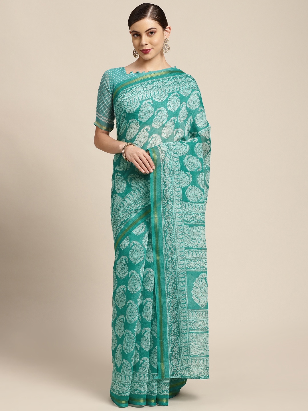 

KALINI Turquoise Blue & White Ethnic Motifs Block Print Zari Saree