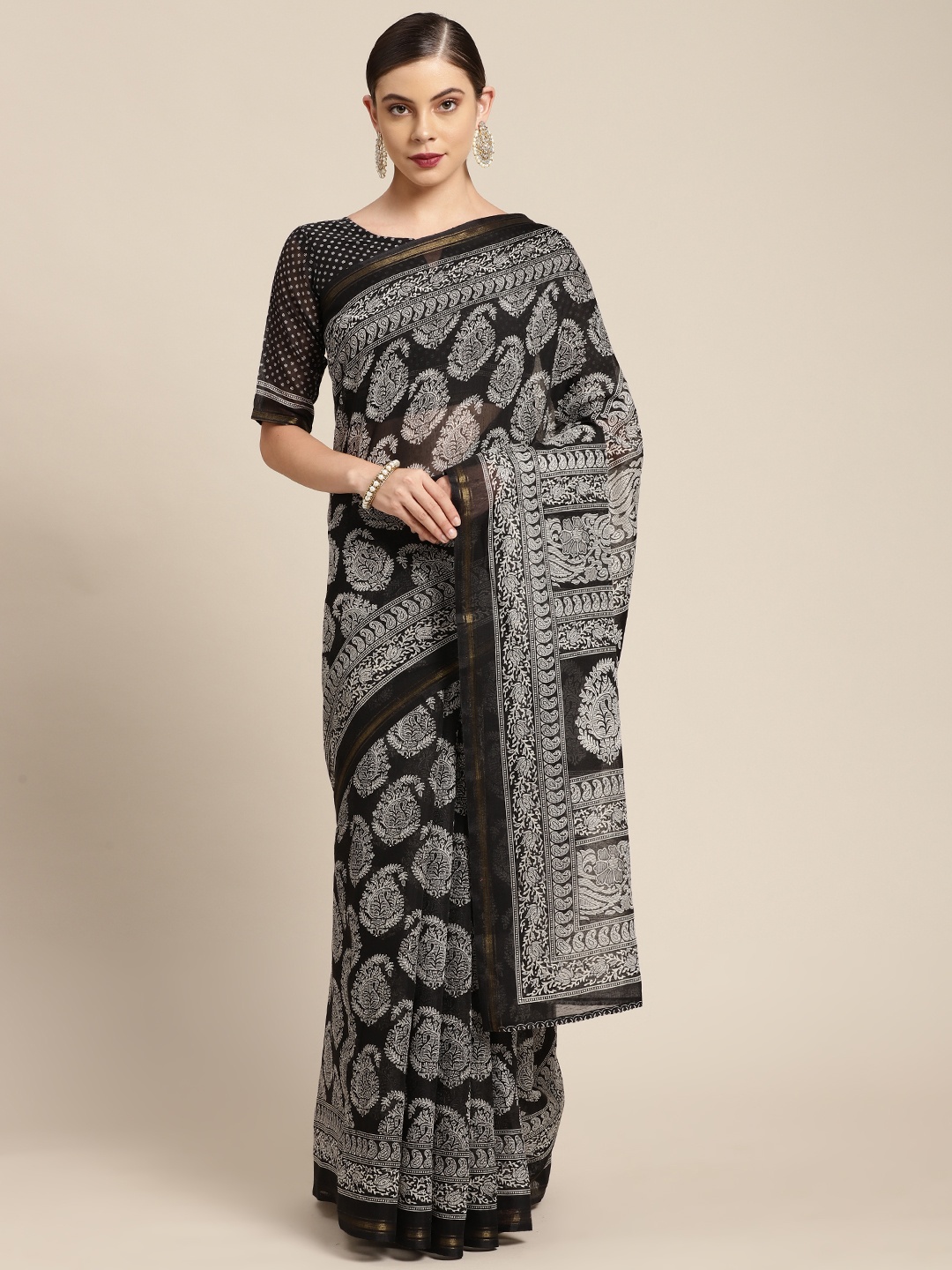 

KALINI Black & White Ethnic Motifs Block Print Zari Saree