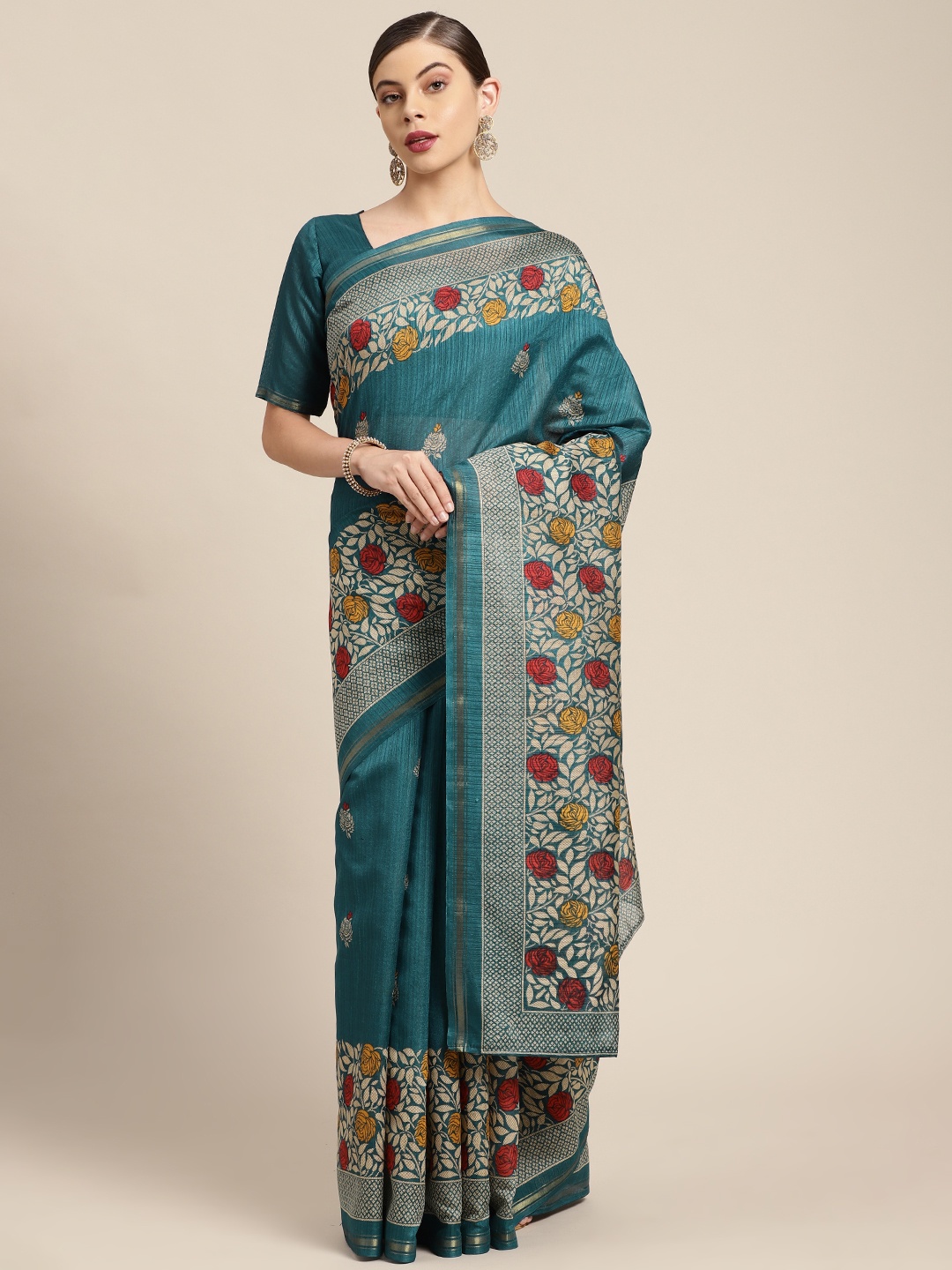 

KALINI Teal & Beige Floral Zari Art Silk Saree