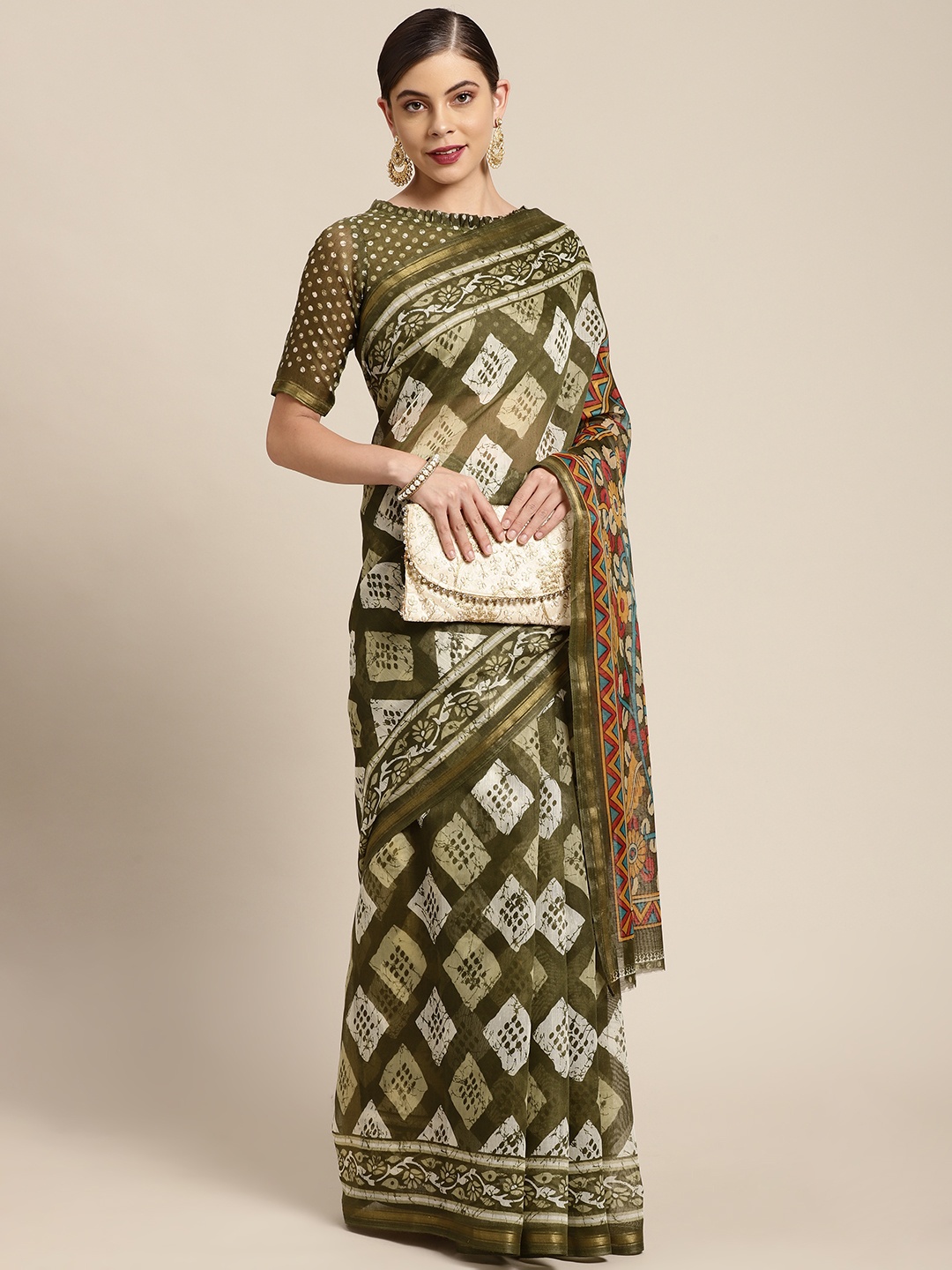

KALINI Olive Green & Beige Geometric Block Print Zari Saree