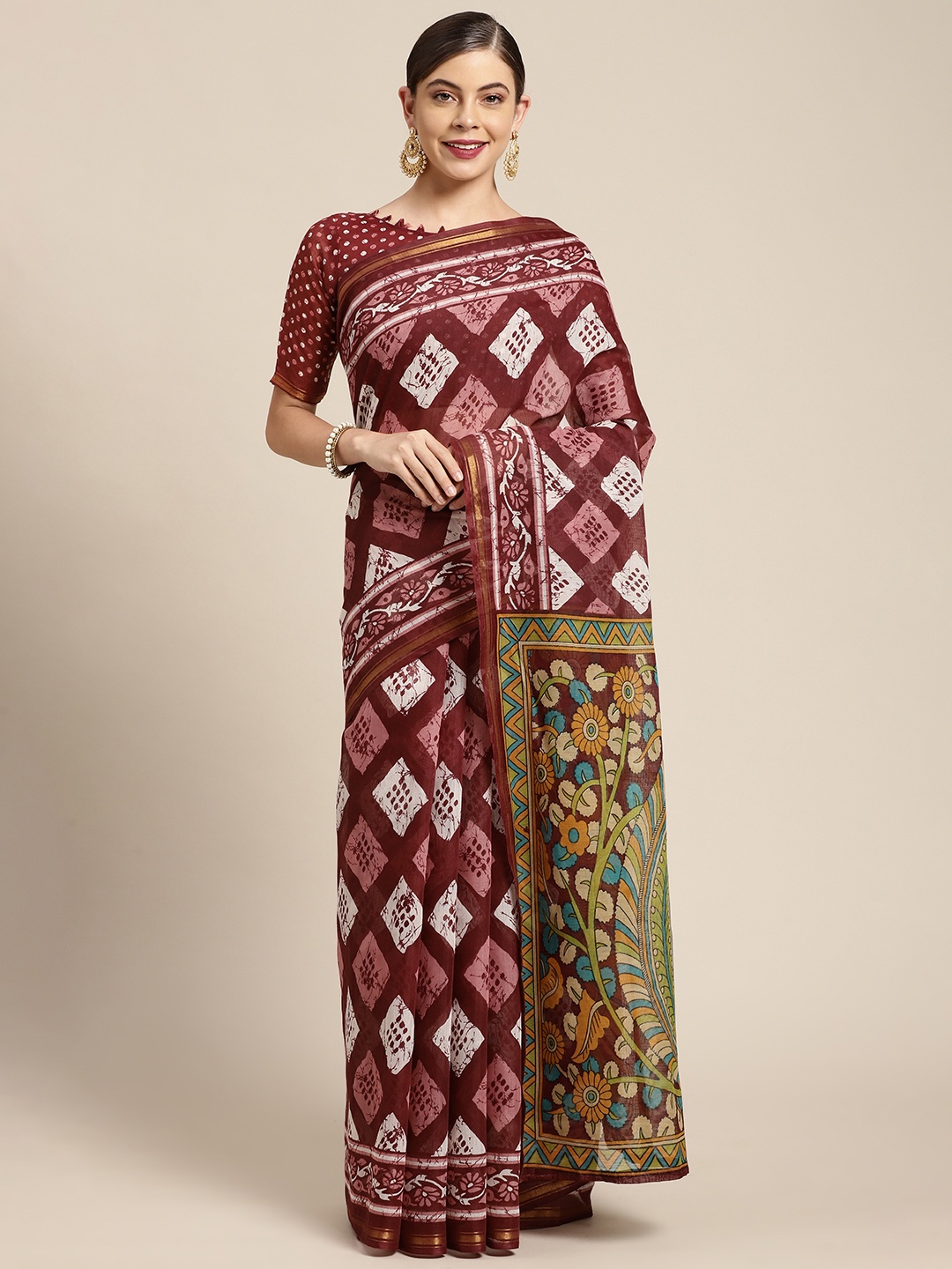 

KALINI Maroon & White Geometric Block Print Zari Saree