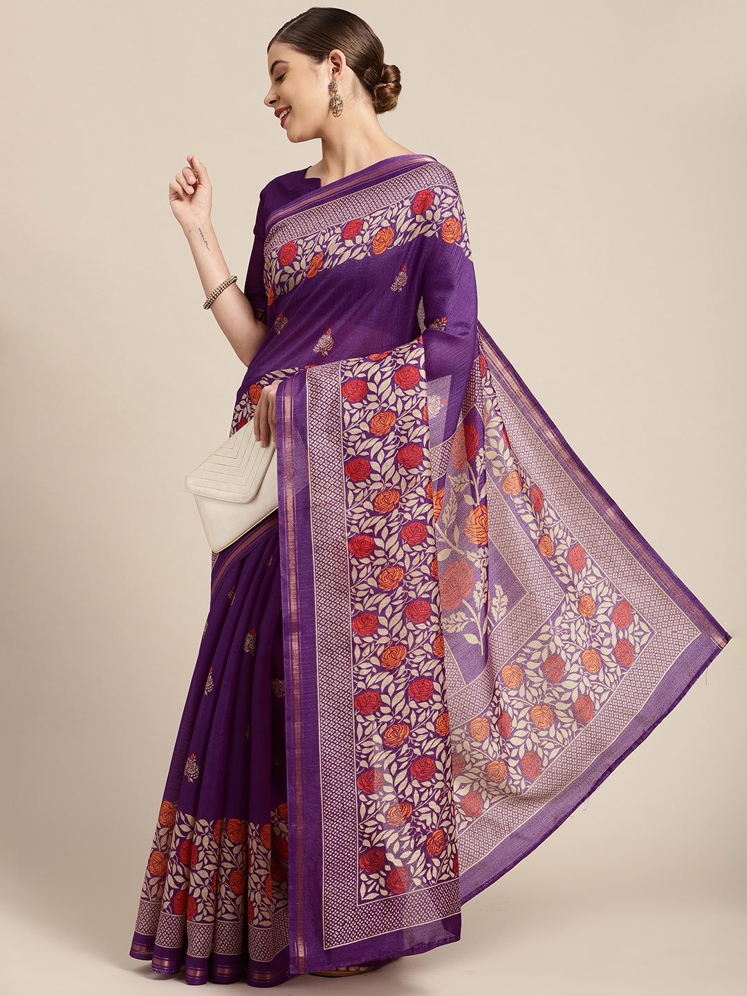 

KALINI Violet & Beige Floral Zari Art Silk Saree