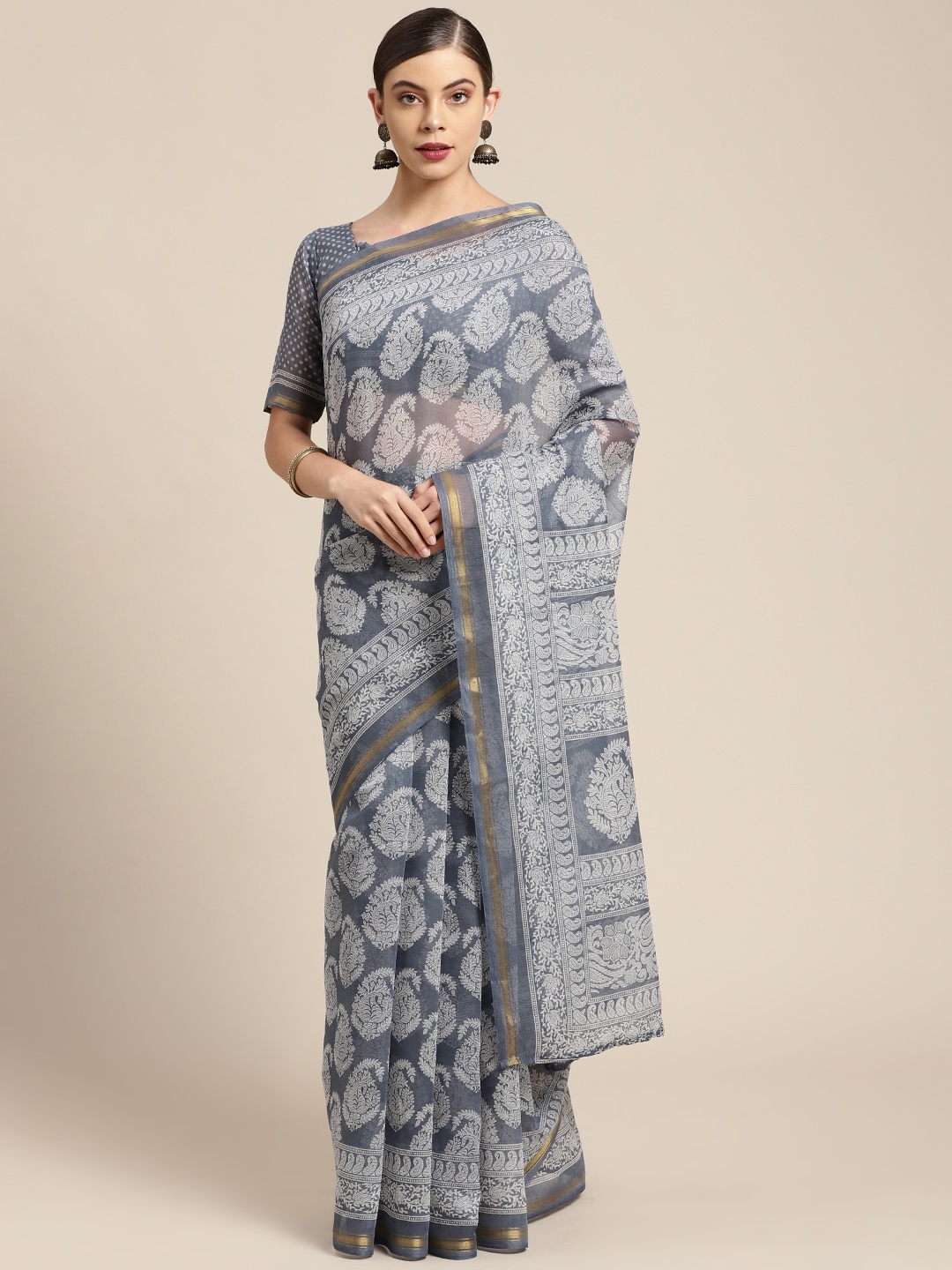

KALINI Grey & White Ethnic Motifs Block Print Zari Saree