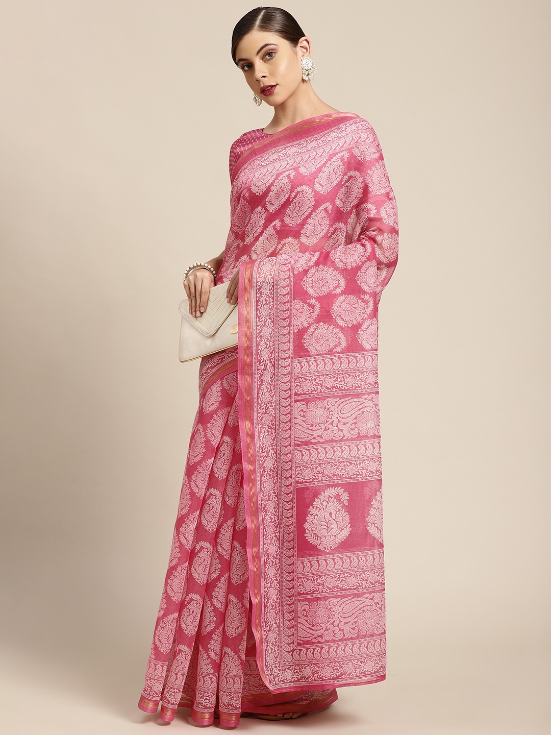 

KALINI Pink & White Ethnic Motifs Block Print Zari Saree