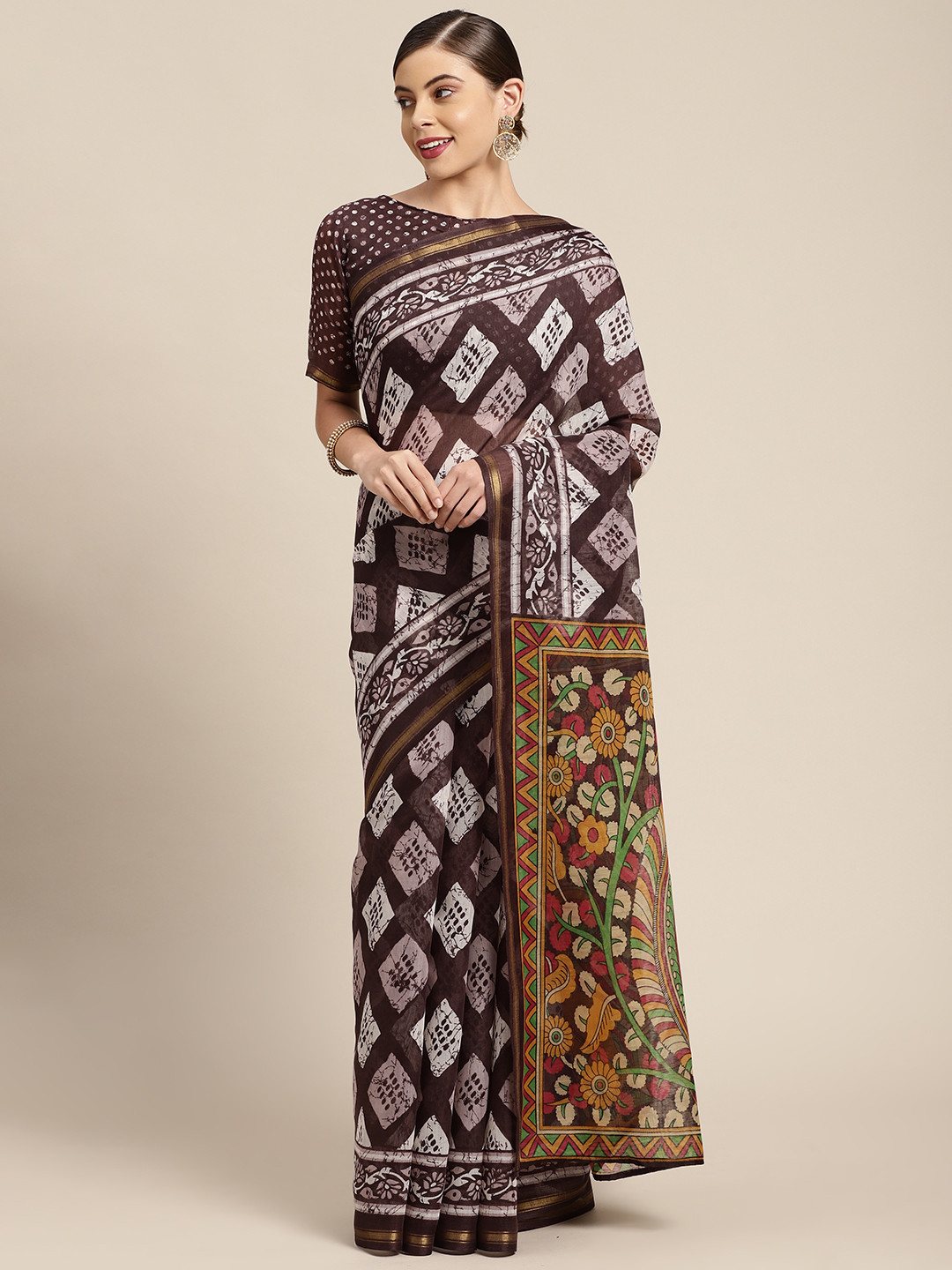 

KALINI Coffee Brown & White Geometric Block Print Zari Saree