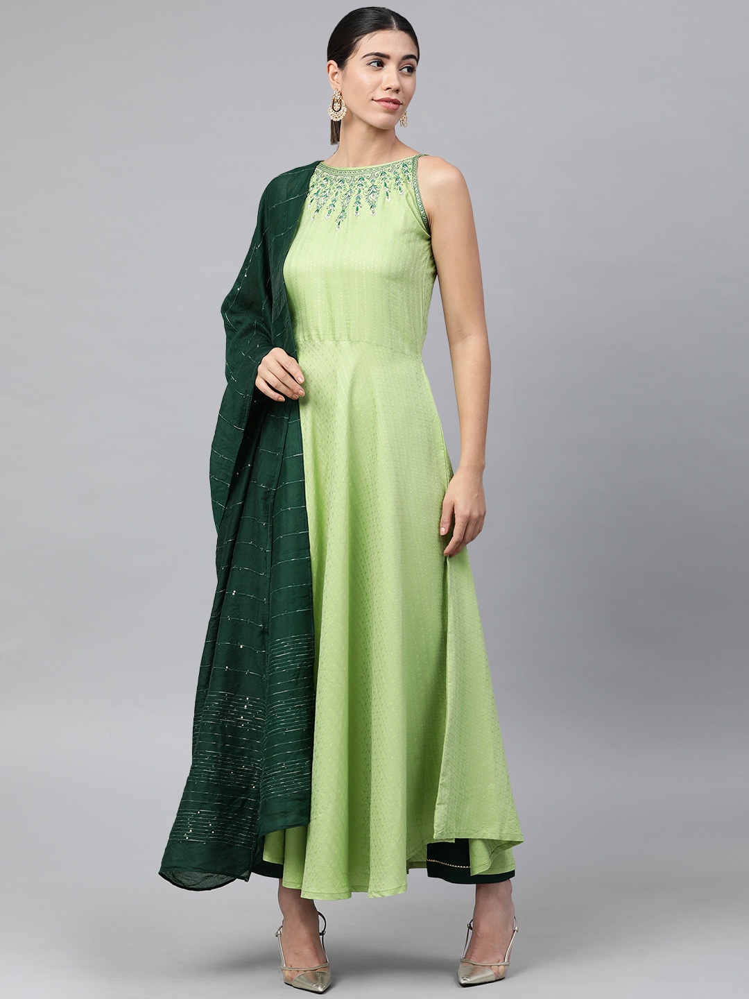 

SheWill Women Green Ethnic Motifs Embroidered Sequinned Kurta with Trousers & Dupatta