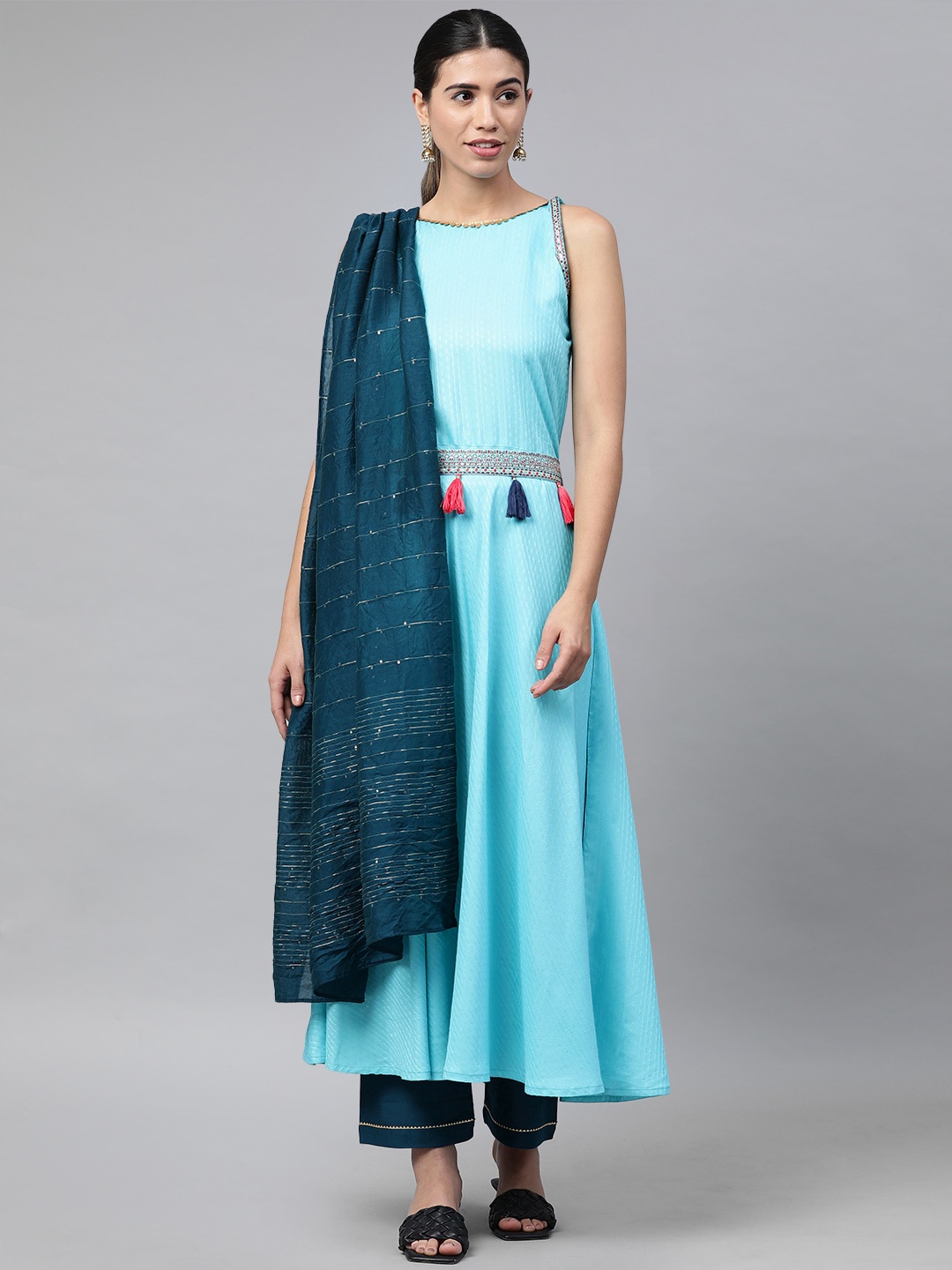 

SheWill Women Blue Woven Design Gotta Patti Kurta with Trousers & Dupatta