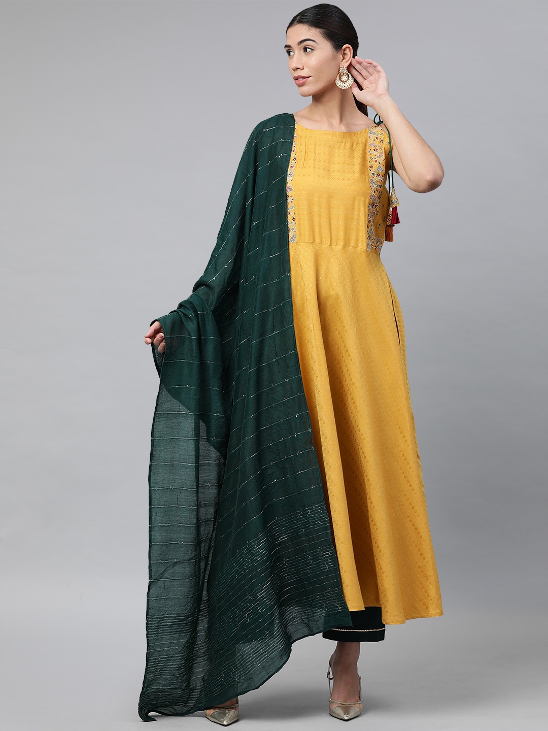 

SheWill Women Yellow Ethnic Motifs Embroidered Sequinned Kurta with Trousers & With Dupatta