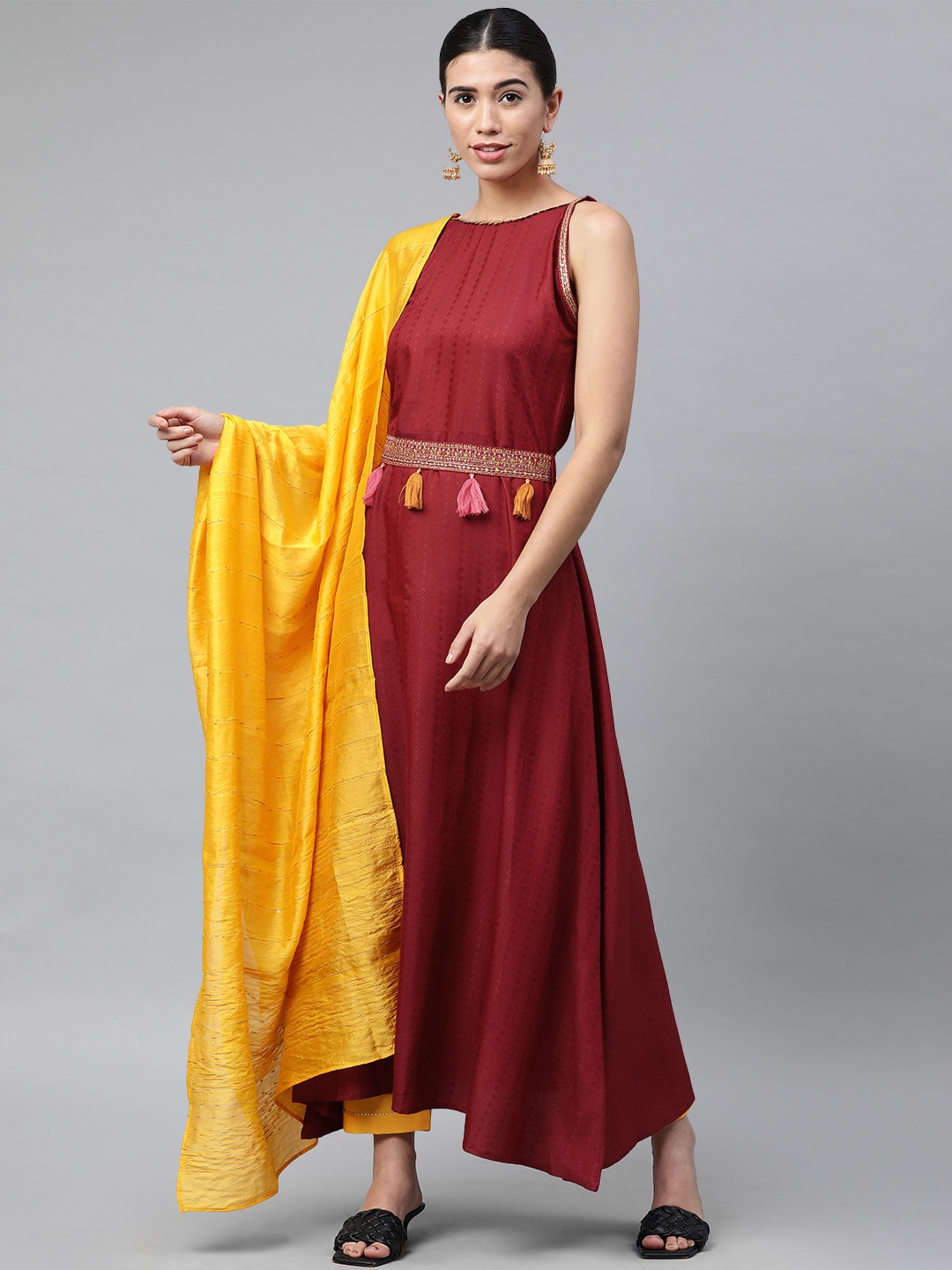 

SheWill Women Maroon Ethnic Motifs Sequinned Kurta with Trousers & With Dupatta