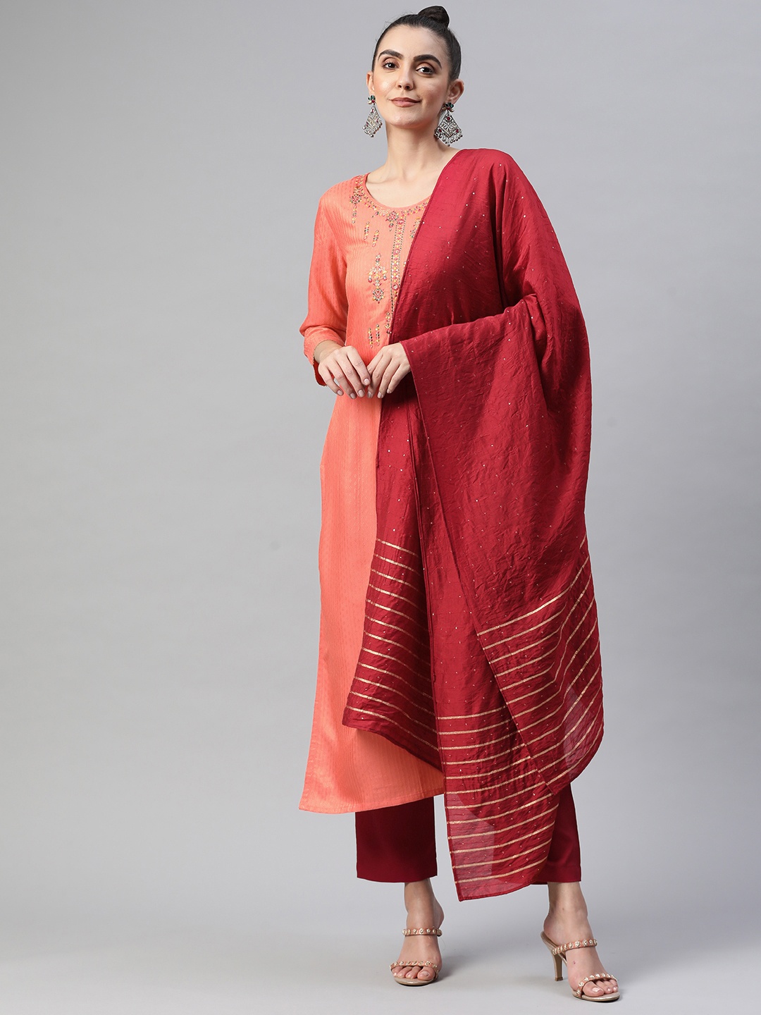 

SheWill Women Peach-Coloured & Red Ethnic Yoke Design Kurta with Trousers & Dupatta