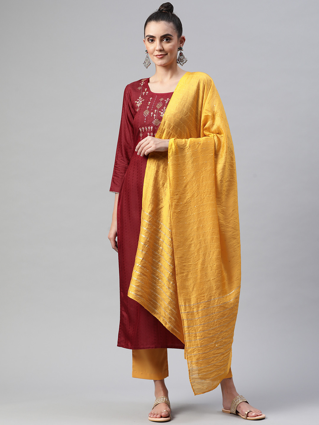 

SheWill Women Maroon & Mustard Yellow Ethnic Yoke Design Kurta with Trousers & Dupatta