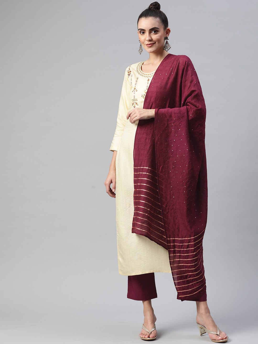 

SheWill Women Cream-Coloured & Maroon Ethnic Yoke Design Kurta with Trousers & Dupatta