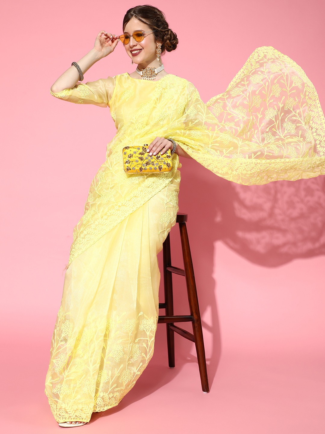 

Mitera Floral Saree with Embroidered Border, Yellow