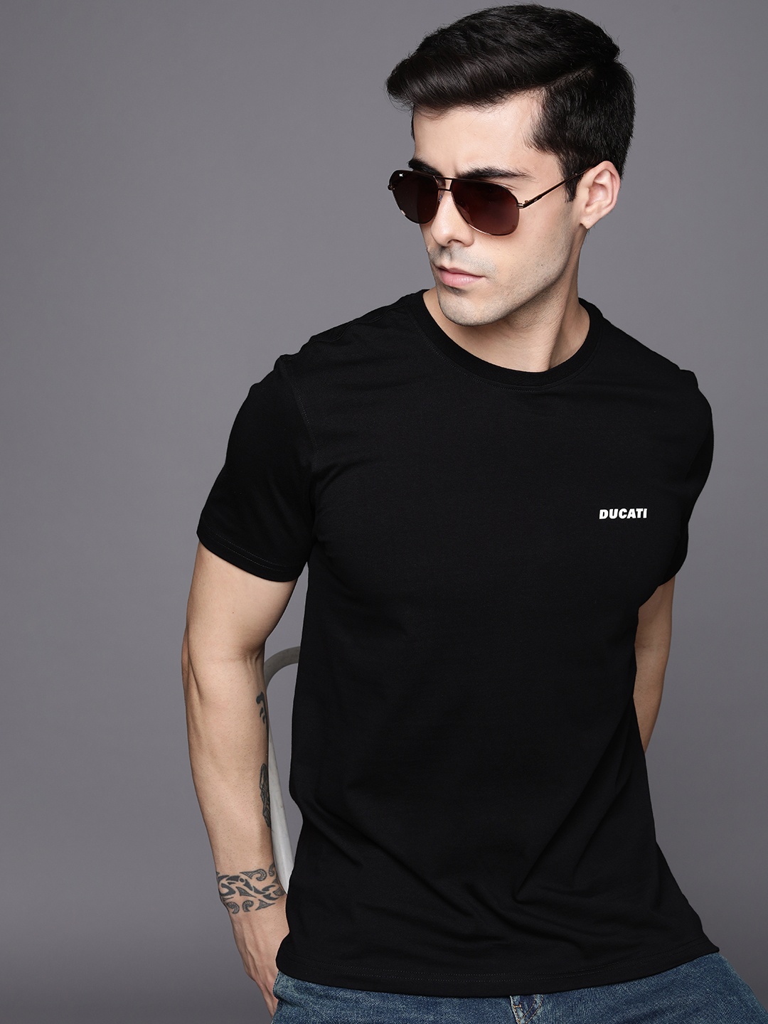 

Ducati Men Black & White Brand Logo Printed Pure Cotton T-shirt