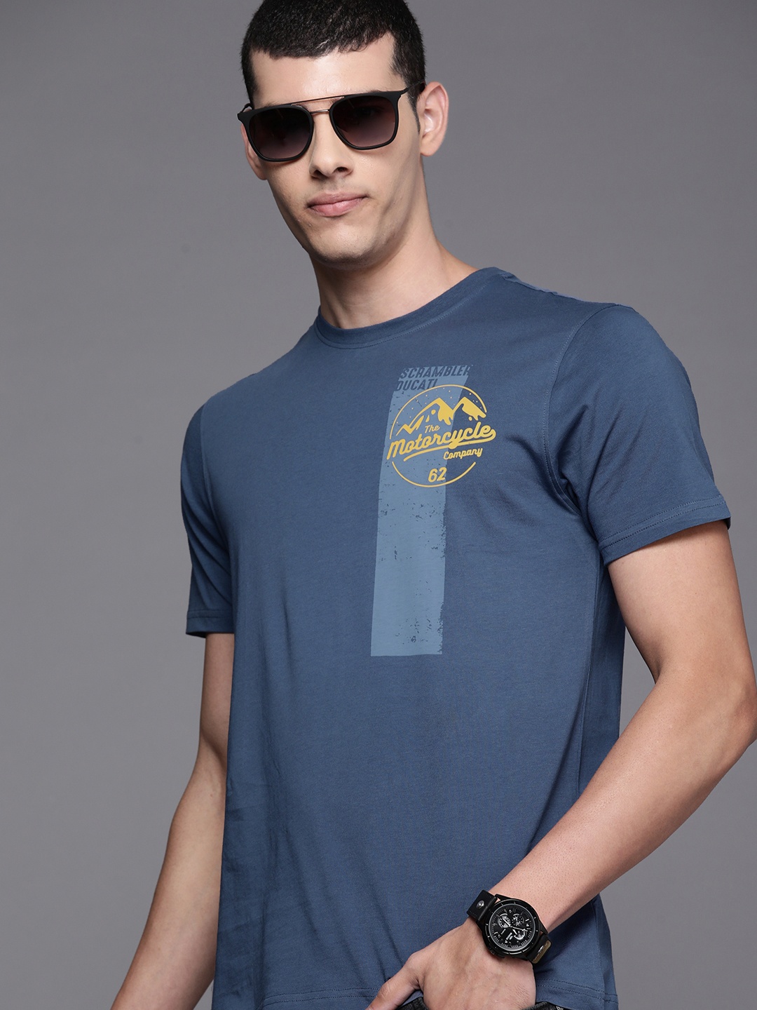 

Ducati Men Blue & Yellow Brand Logo Printed Pure Cotton T-shirt