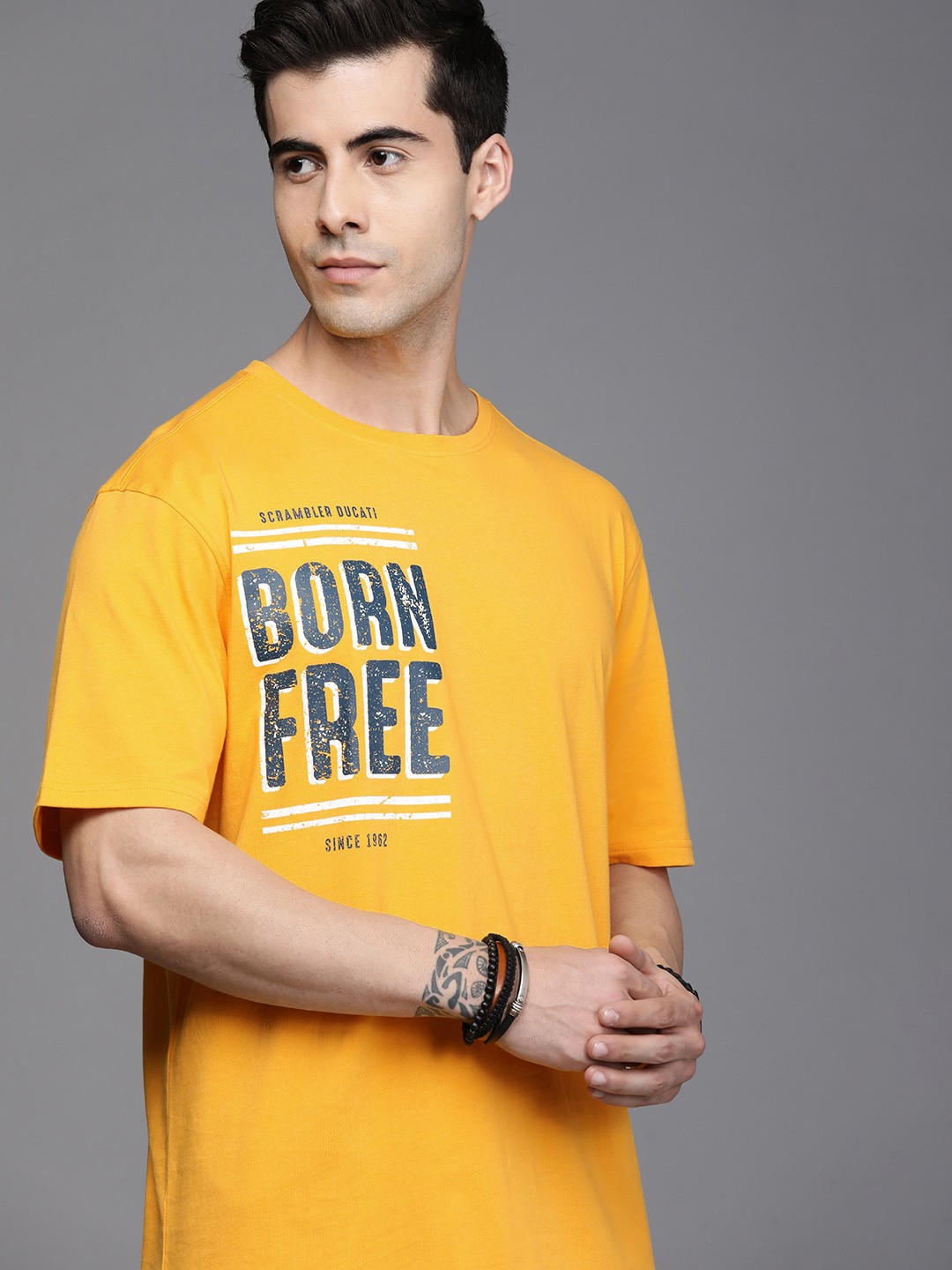 

Ducati Men Yellow & Navy Blue Typography Printed Pure Cotton T-shirt
