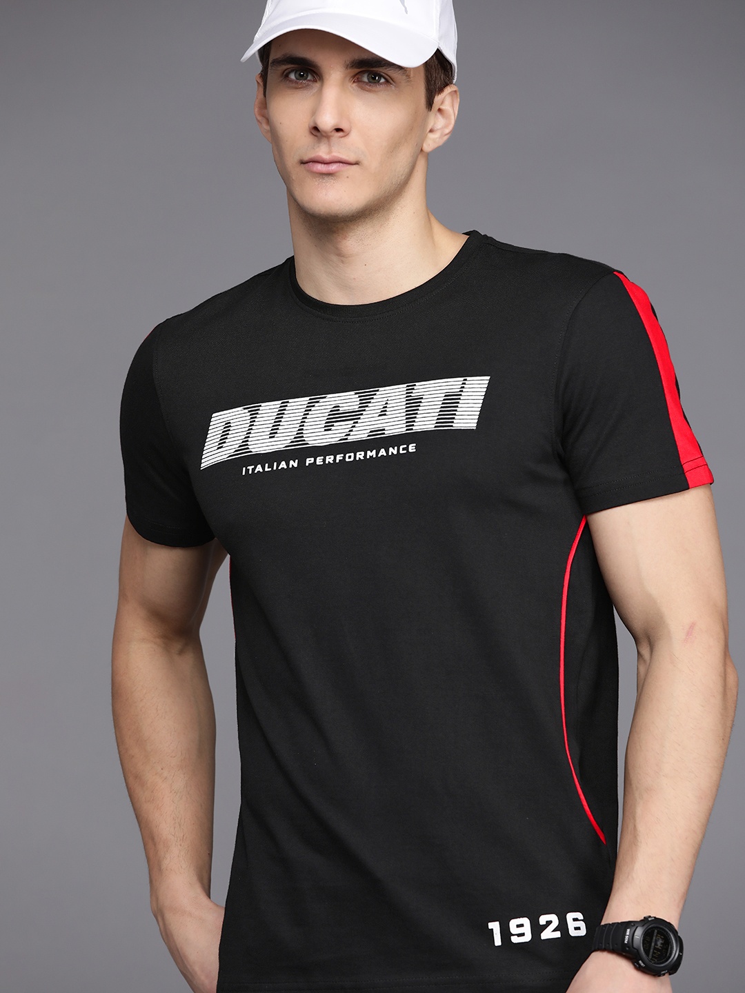 

Ducati Men Black & White Typography Printed Pure Cotton T-shirt
