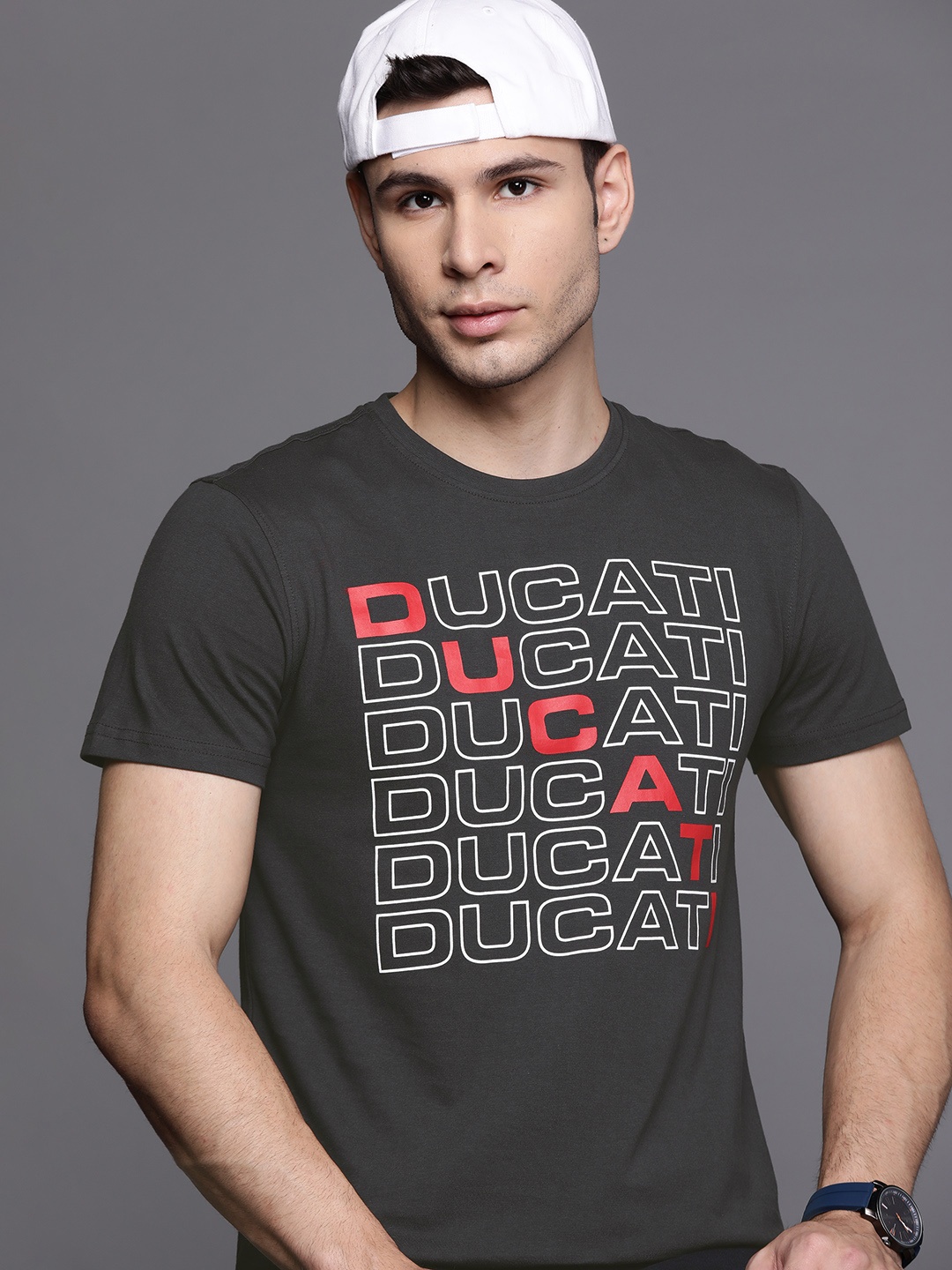 Ducati Men Charcoal & Red Brand Logo Printed Pure Cotton T-shirt