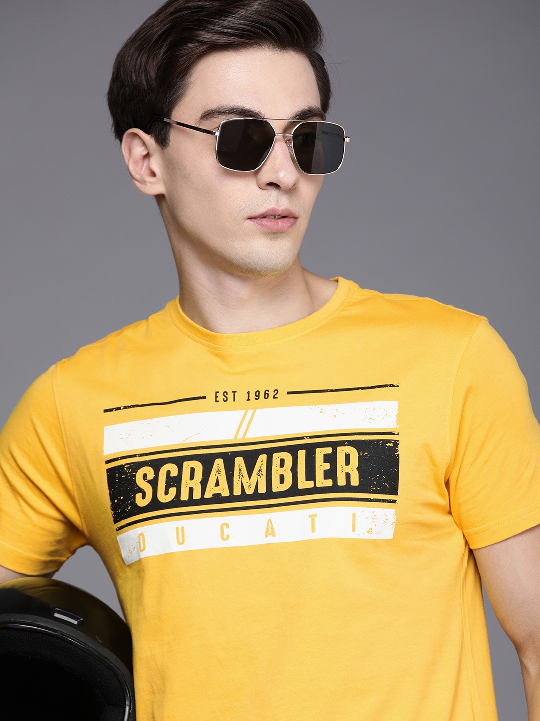 

Ducati Men Yellow & Black Printed Pure Cotton T-shirt