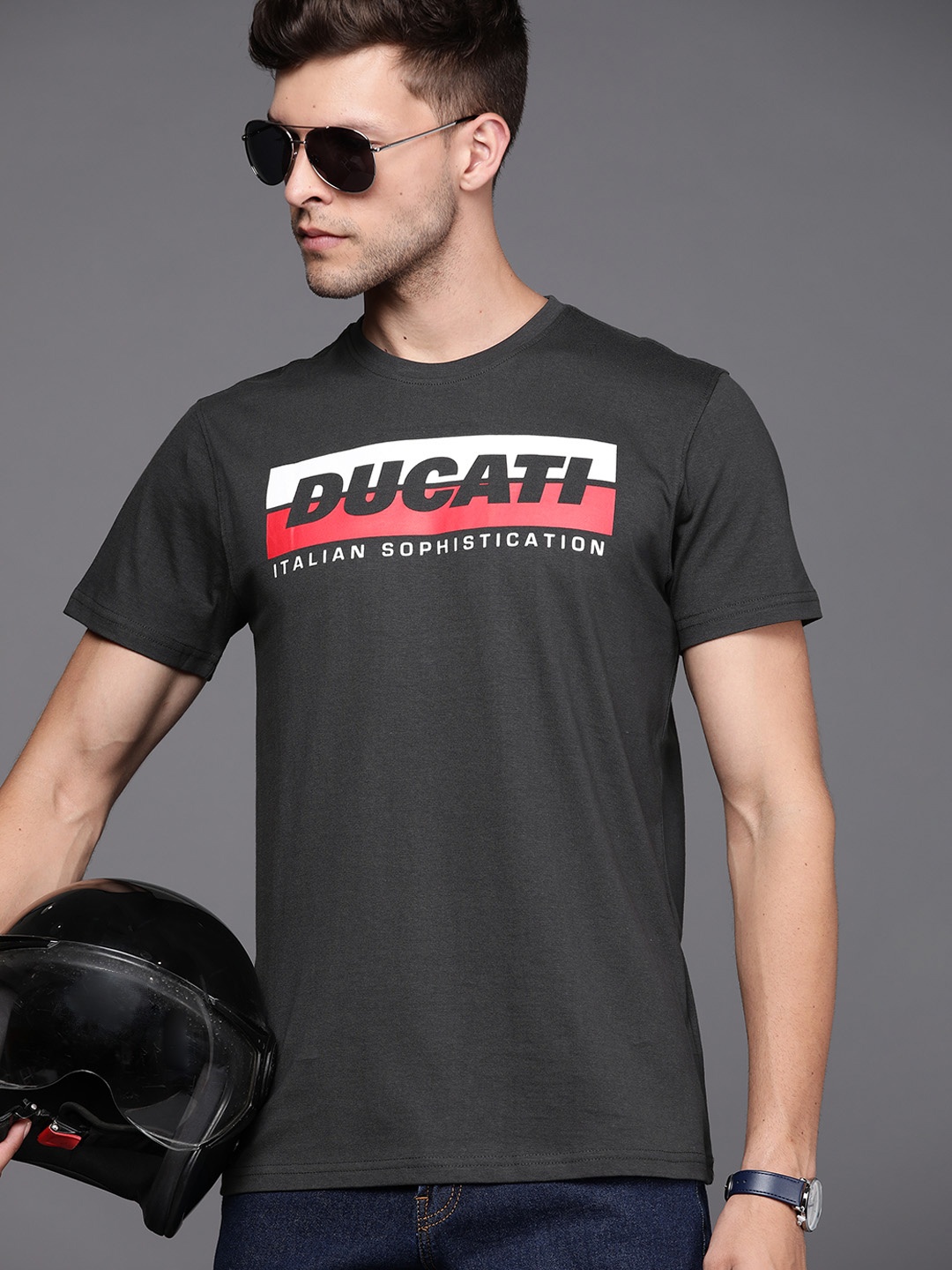 

Ducati Men Charcoal Black & White Brand Logo Printed Pure Cotton T-shirt