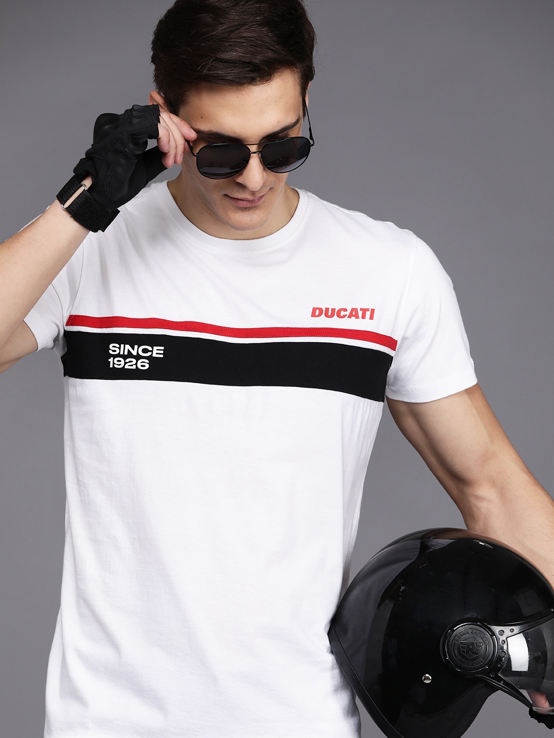

Ducati Men White & Black Striped Pure Cotton T-shirt