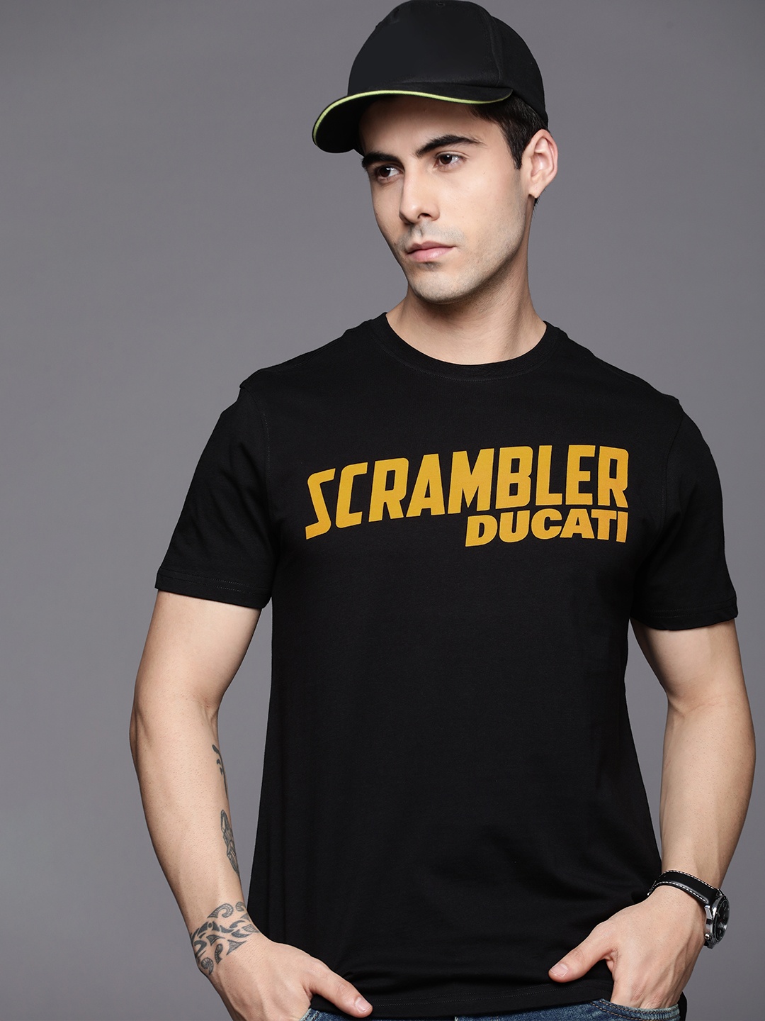 

Ducati Men Black & Yellow Typography Printed Pure Cotton T-shirt