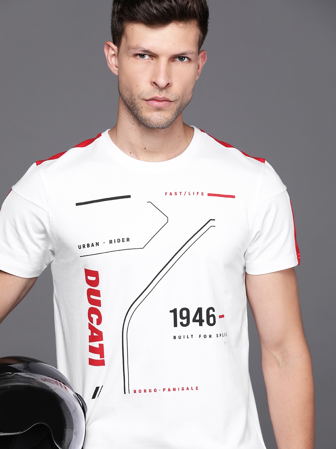 

Ducati Men White & Red Brand Logo Printed T-shirt