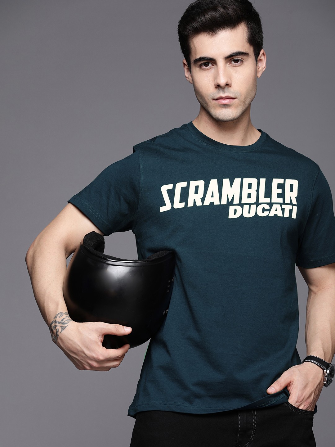 

Ducati Men Teal & White Typography Printed Pure Cotton T-shirt