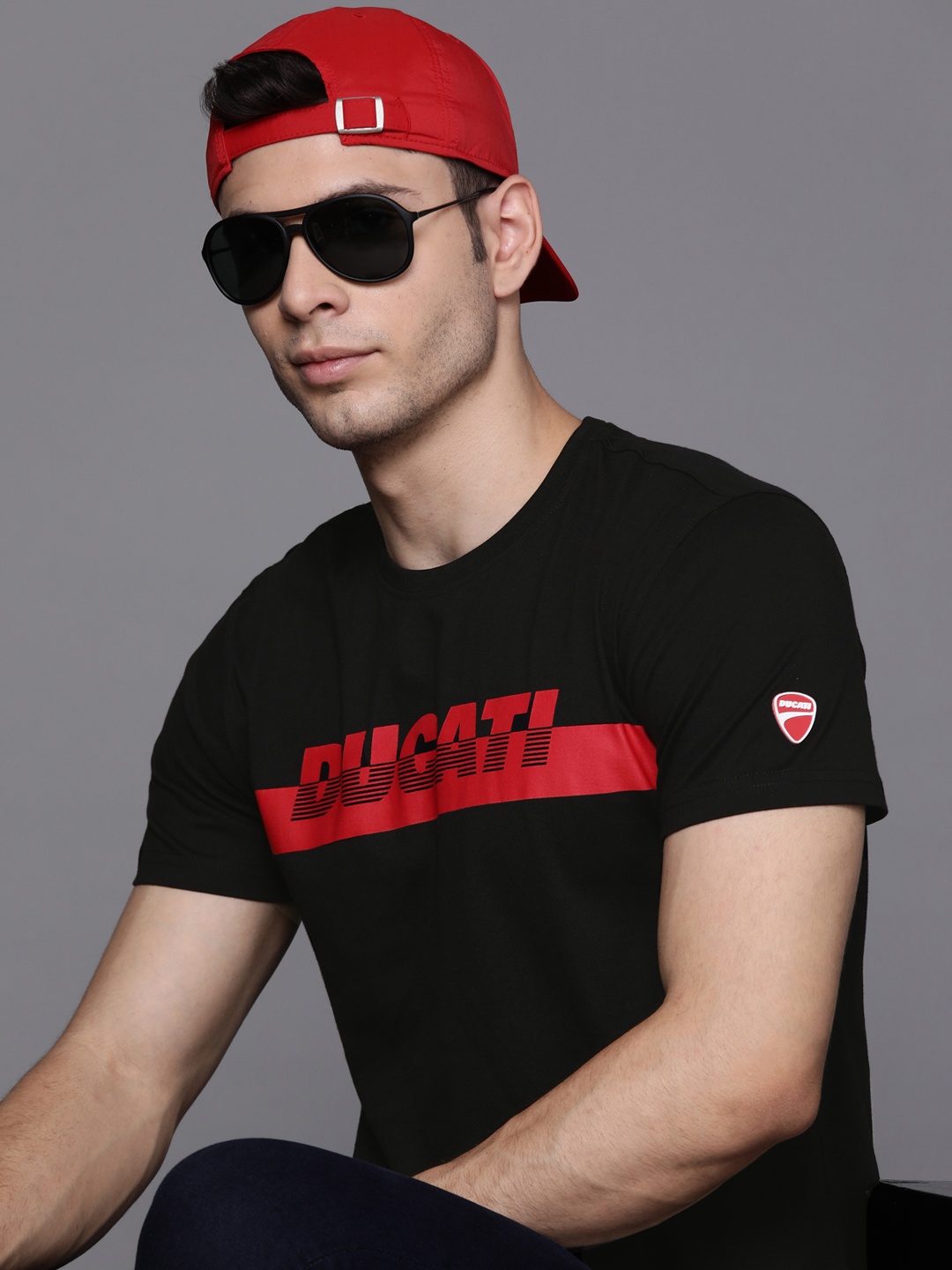 Ducati Men Black & Red Brand Logo Pure Cotton T-shirt