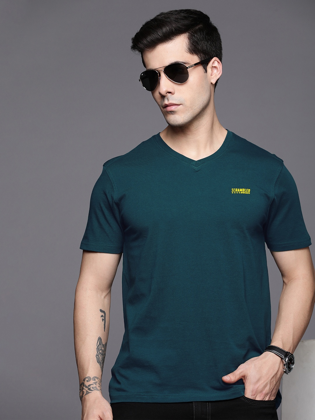 

Ducati Men Teal Blue Solid Pure Cotton T-shirt