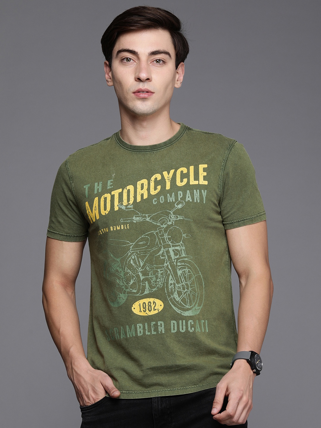 

Ducati Men Olive Green & Yellow Biker Printed Pure Cotton T-shirt