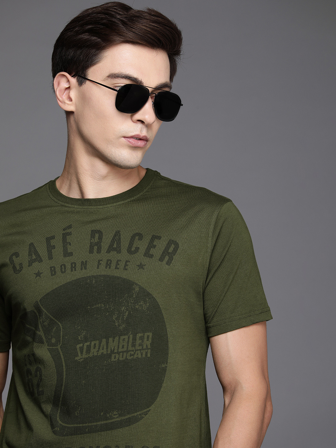 

Ducati Men Olive Green & Black Graphic Printed Pure Cotton T-shirt