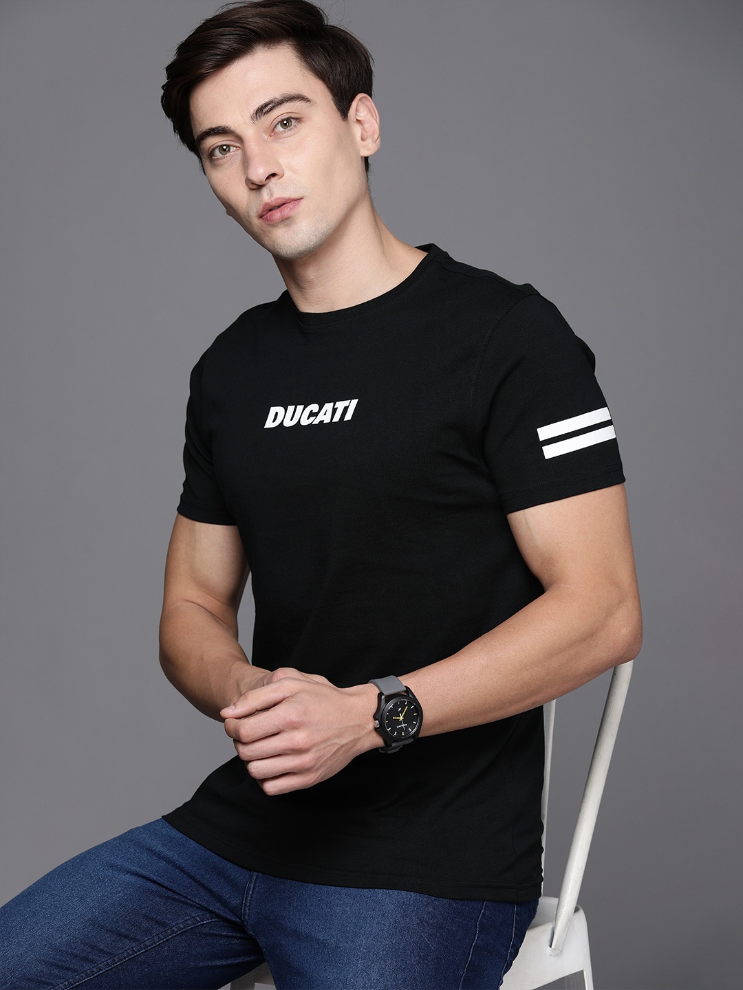 

Ducati Men Black & White Typography Printed Pure Cotton T-shirt