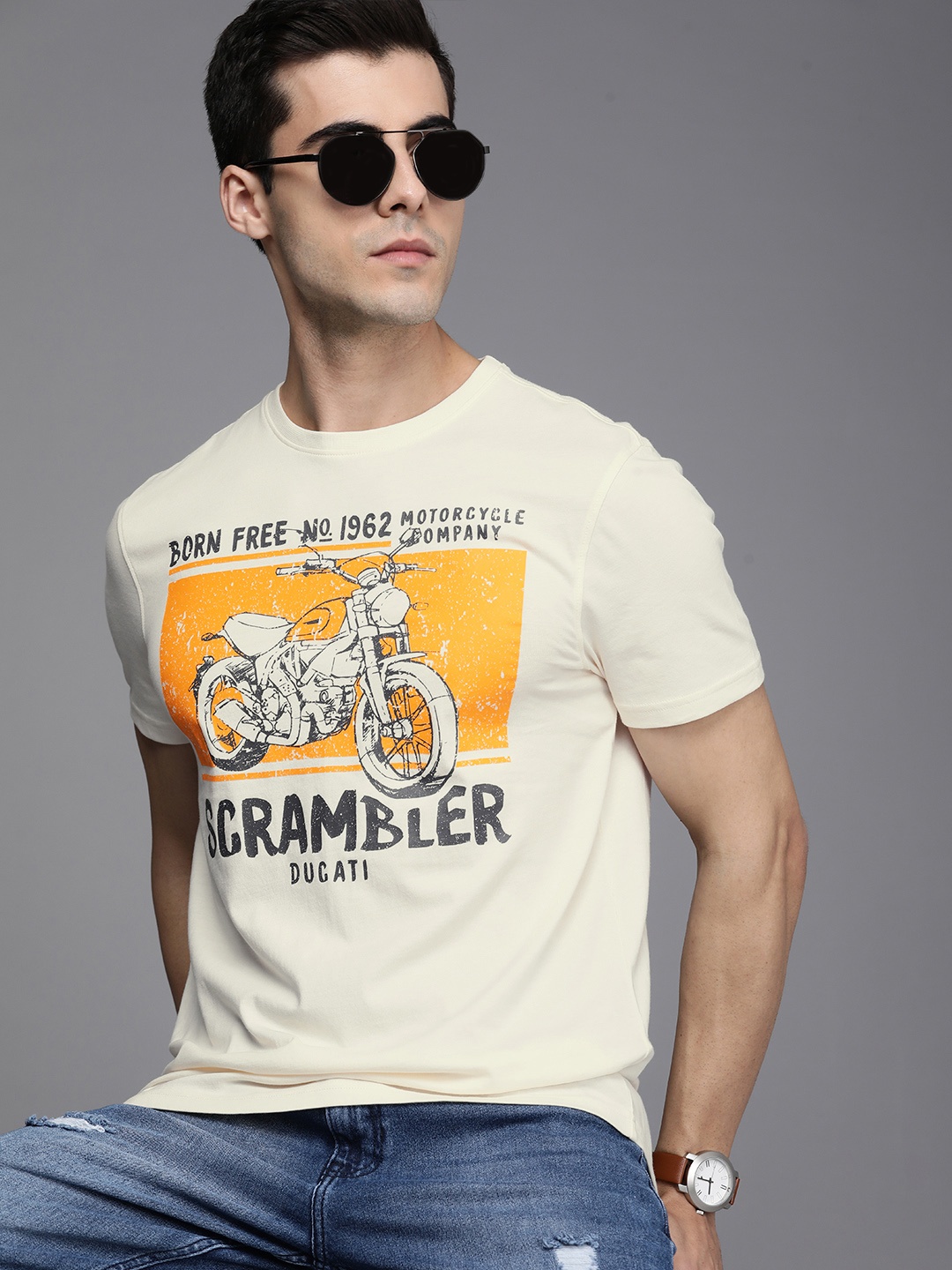 

Ducati Men Yellow & Black Biker Printed Pure Cotton T-shirt