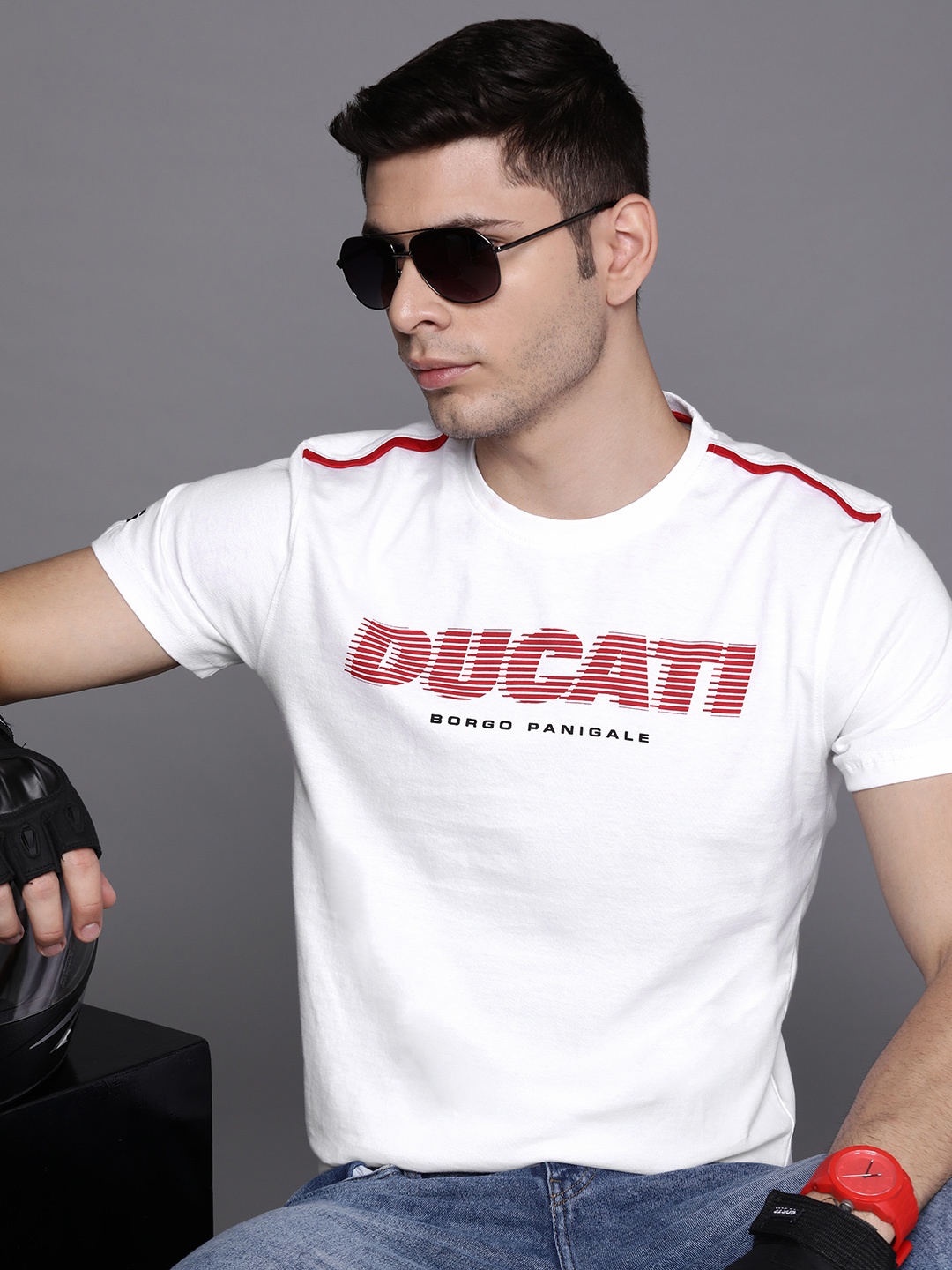 

Ducati Men White & Red Brand Logo Printed Pure Cotton T-shirt