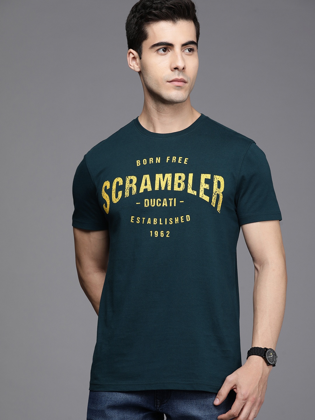 

Ducati Men Teal Blue & Yellow Typography Printed Pure Cotton T-shirt