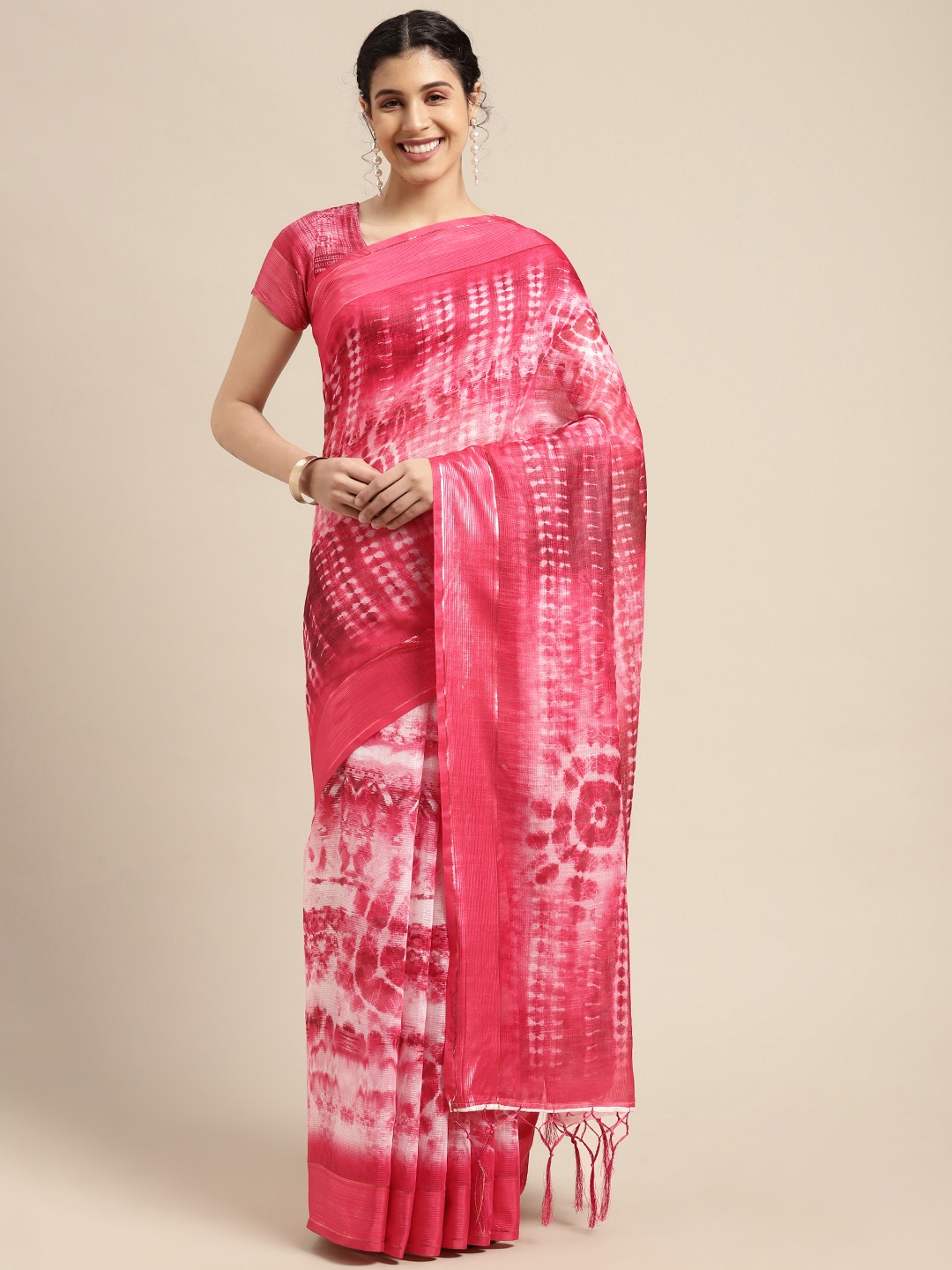 

SWAGG INDIA Pink & White Tie and Dye Art Silk Shibori Print Saree