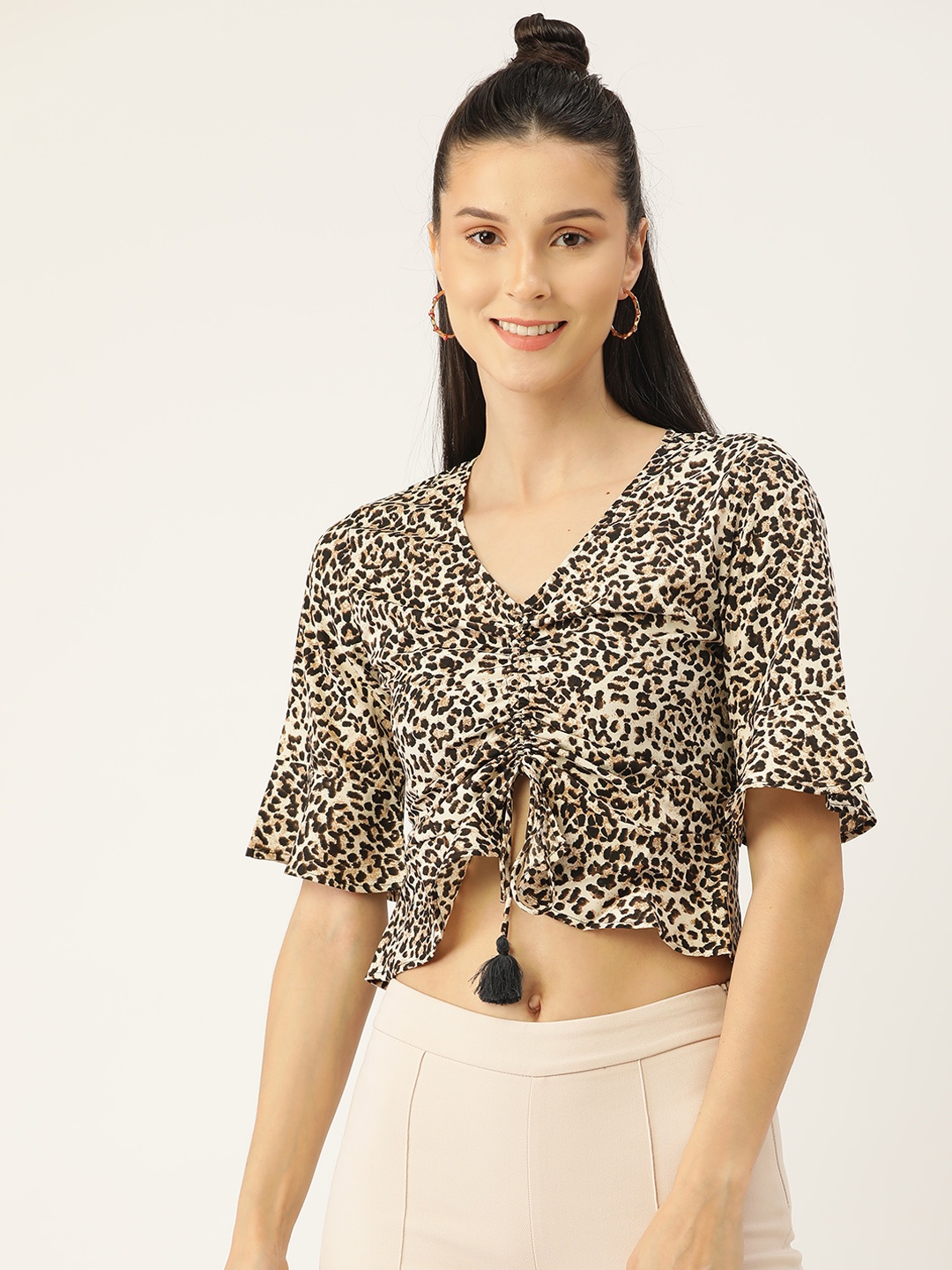 

PIRKO White & Brown Animal Print Crop Top