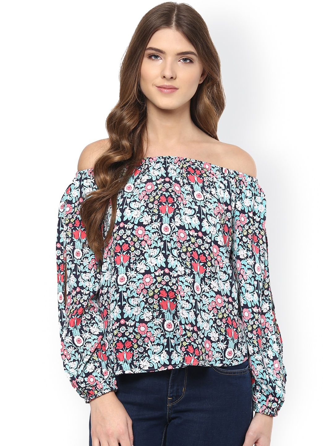 

Harpa Women Multicoloured Floral Print Crepe Bardot Top, Multi