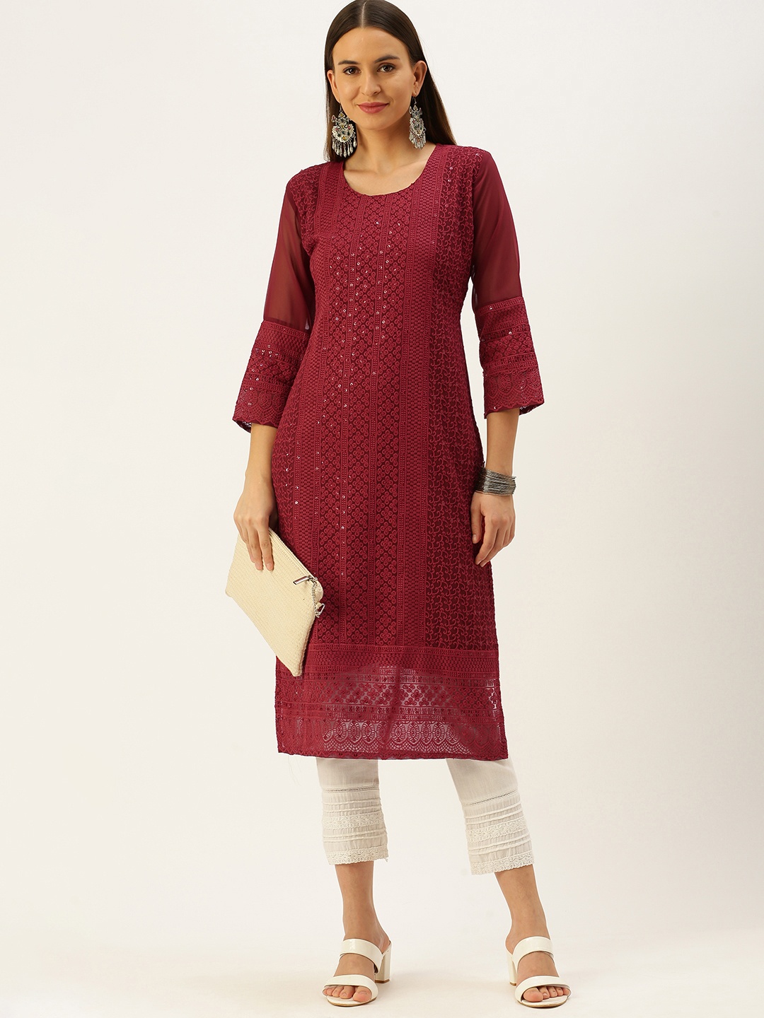 

SWAGG INDIA Women Maroon Ethnic Motifs Embroidered Chikankari Sequinned Straight Kurta