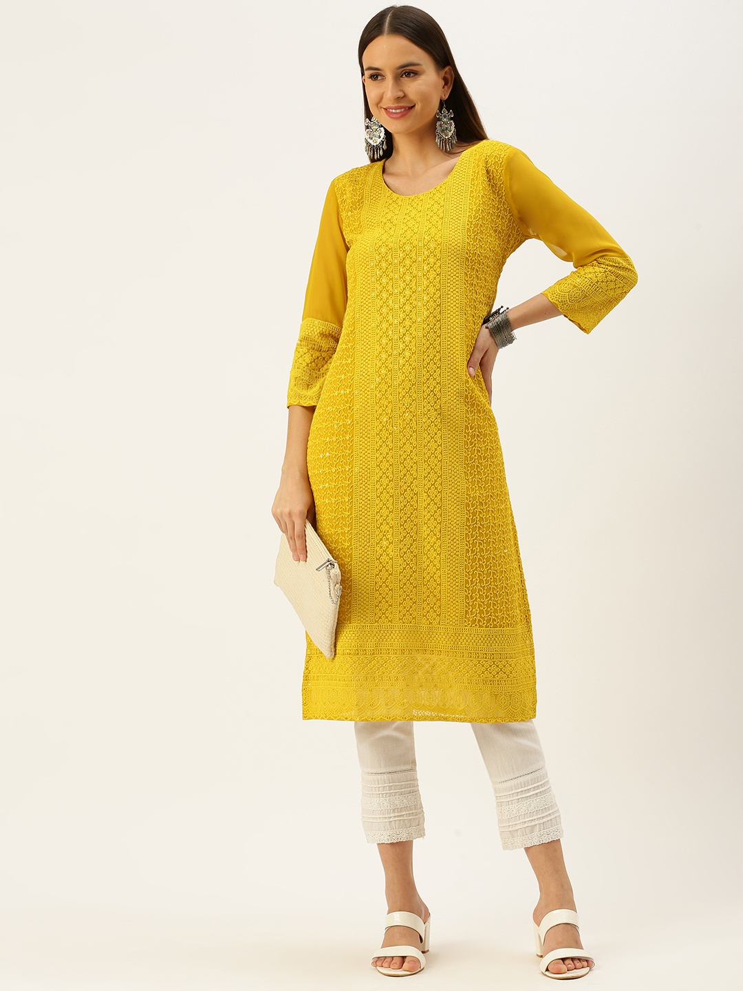 

SWAGG INDIA Women Mustard Yellow Ethnic Motifs Embroidered Chikankari Straight Kurta