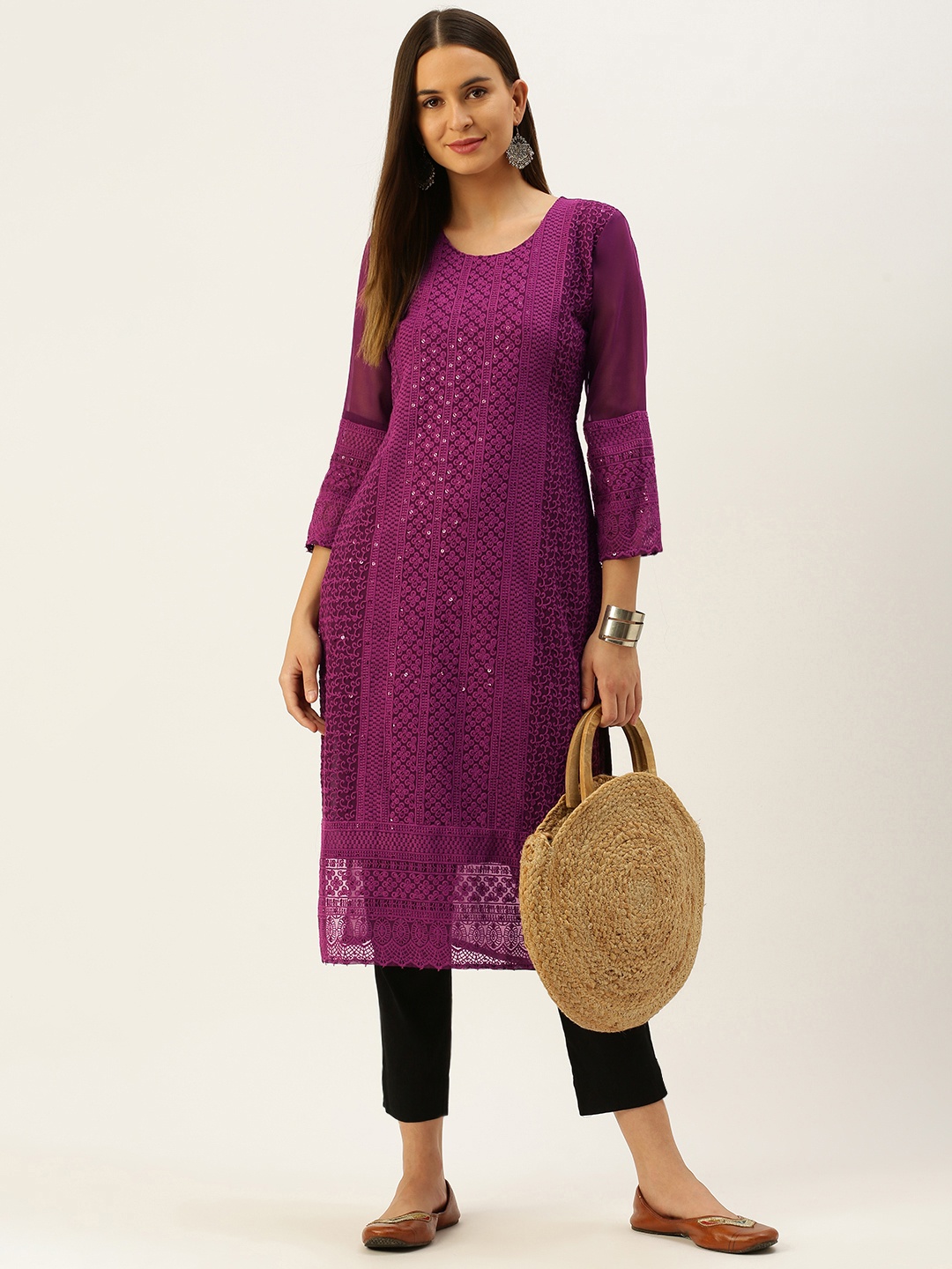 

SWAGG INDIA Women Purple Ethnic Motifs Embroidered Chikankari Sequinned Straight Kurta