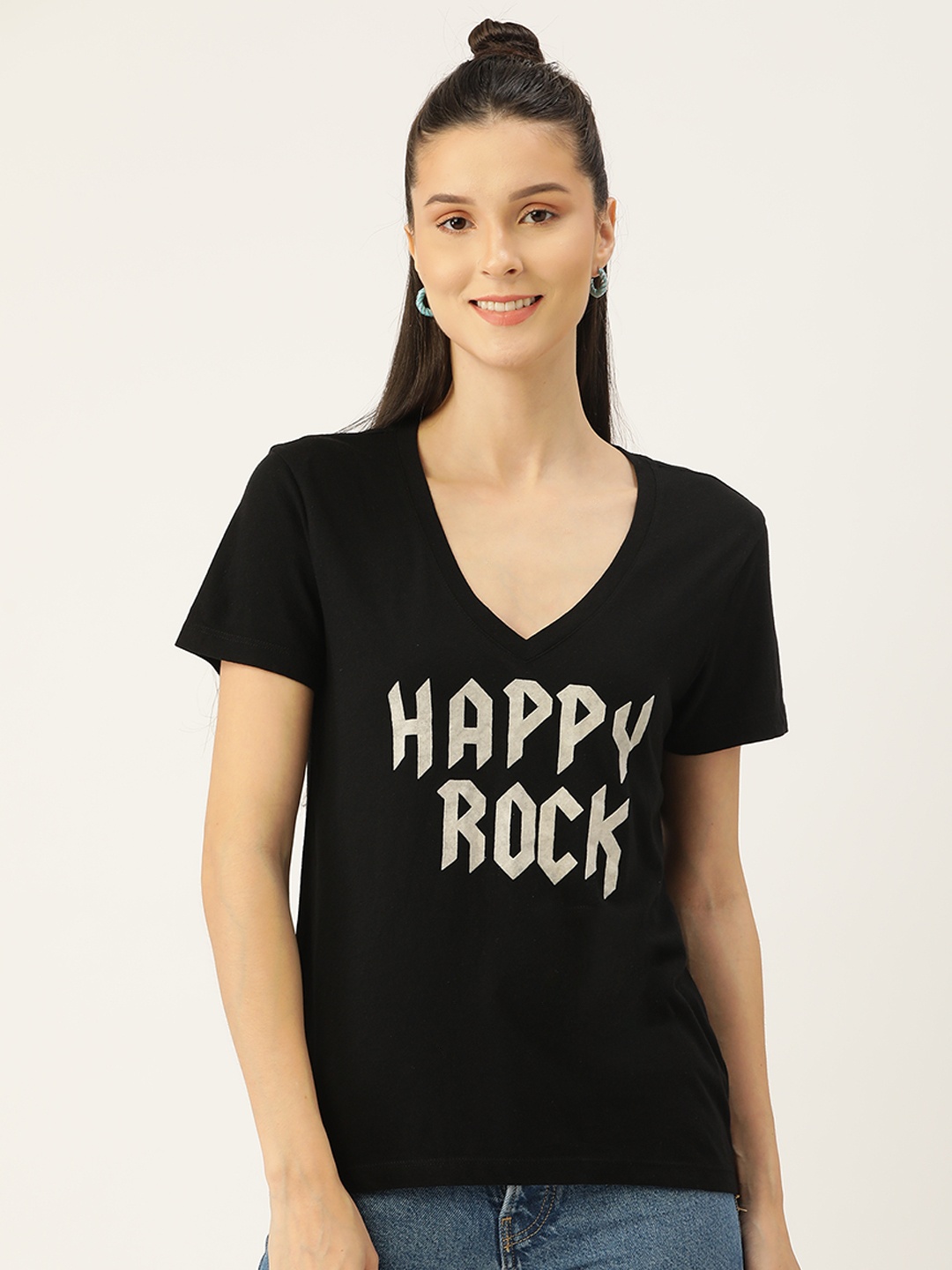 

PIRKO Women Black & White Typography Printed V-Neck Cotton T-shirt