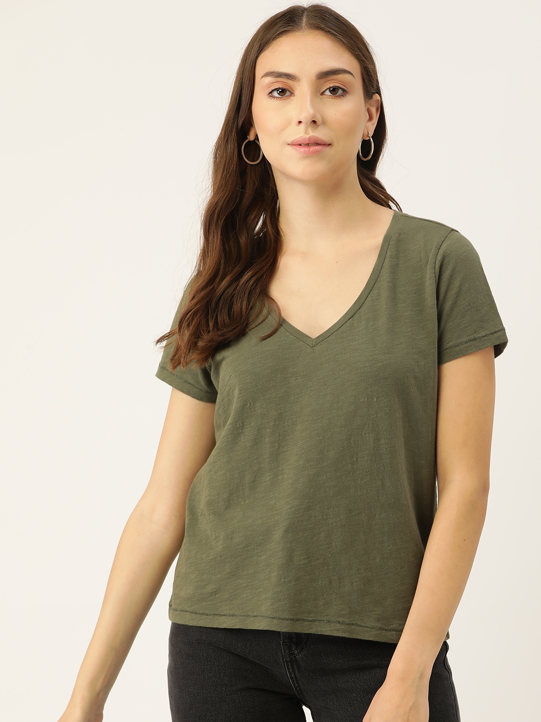

PIRKO Women Olive Green Solid Cotton V-Neck T-shirt