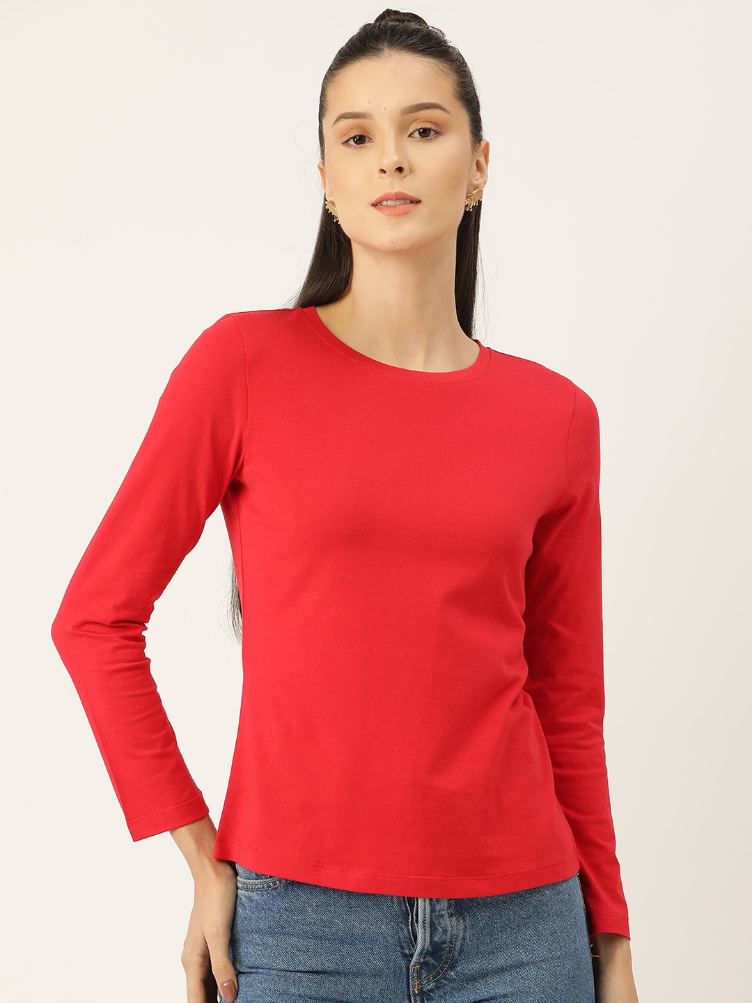 

PIRKO Women Red Solid Cotton T-shirt