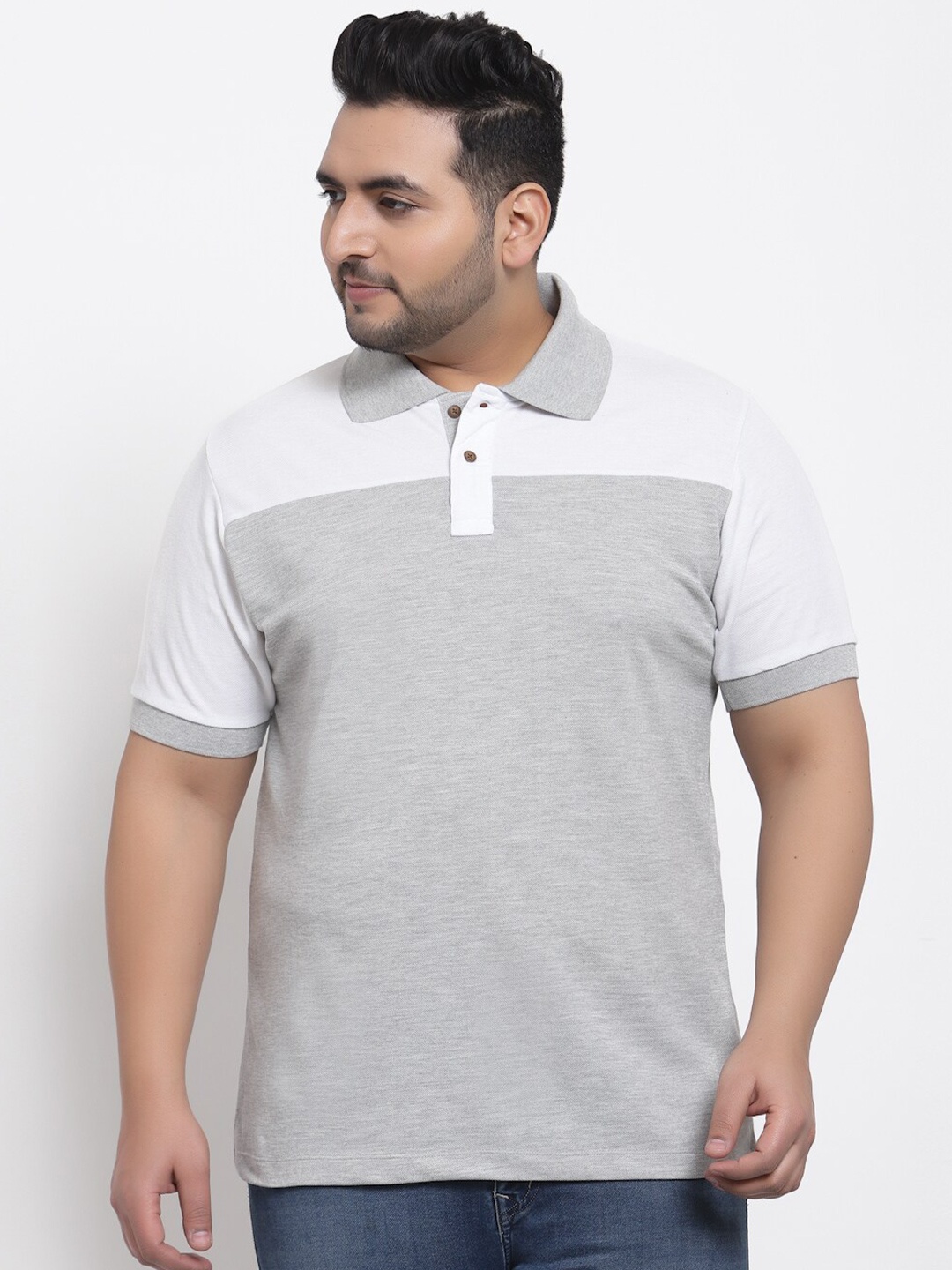 

Kalt Plus Men Grey Melange Colourblocked Polo Collar Cut Outs T-shirt