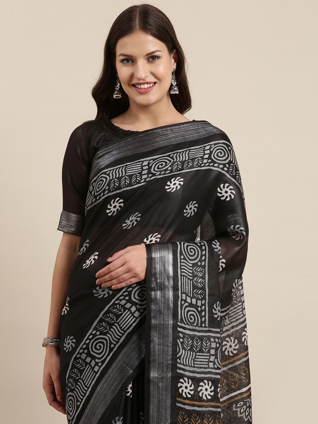 

Mitera Black & Grey Ethnic Motifs Zari Linen Blend Bagh Saree