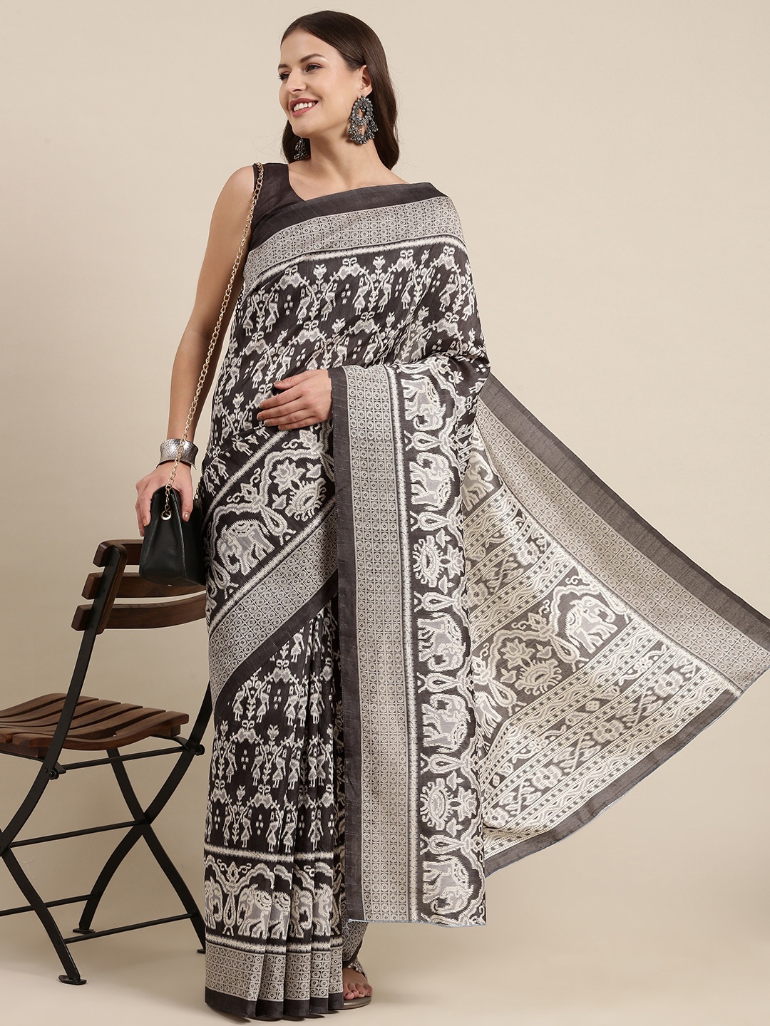 

Mitera Charcoal Grey & Off White Abstract Print Bhagalpuri Art Silk Ikat Saree