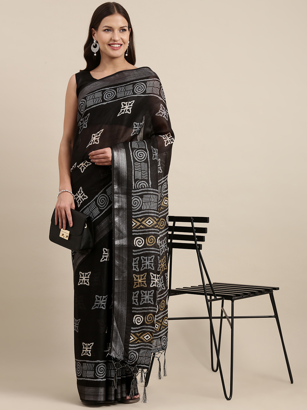 

Mitera Black & Grey Geometric Zari Linen Blend Bagh Saree