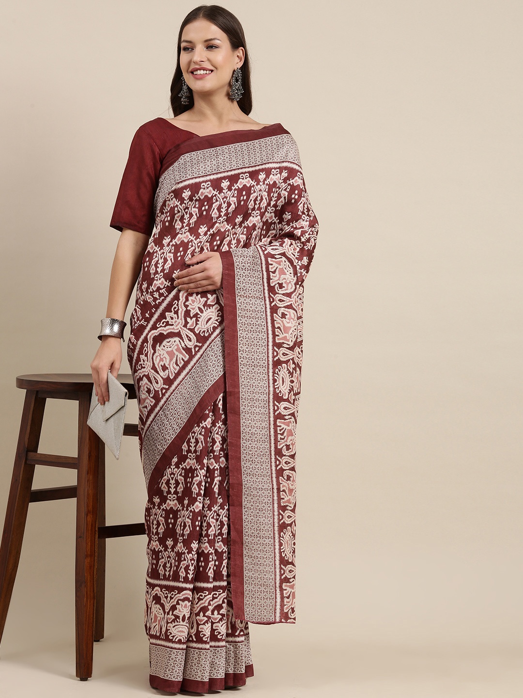 

Mitera Maroon & Pink Abstract Print Bhagalpuri Art Silk Ikat Saree